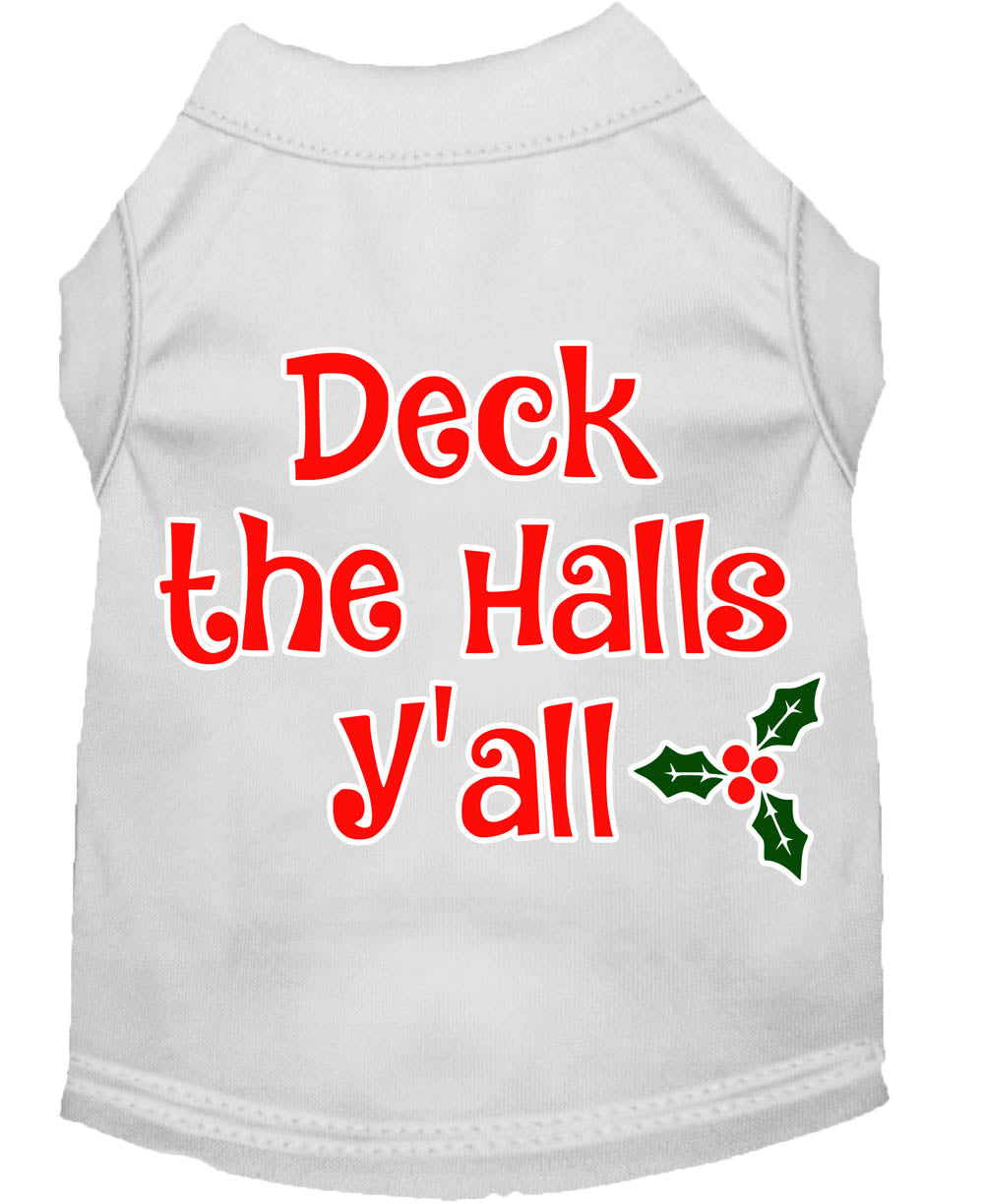 A festive Christmas shirt for dogs and cats, featuring the phrase 'Deck The Halls, Y'all', made from soft cotton-polyester blend.