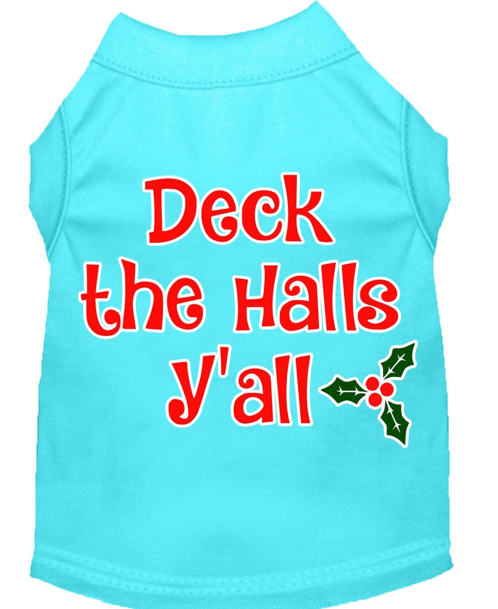 A festive Christmas shirt for dogs and cats, featuring the phrase 'Deck The Halls, Y'all', made from soft cotton-polyester blend.