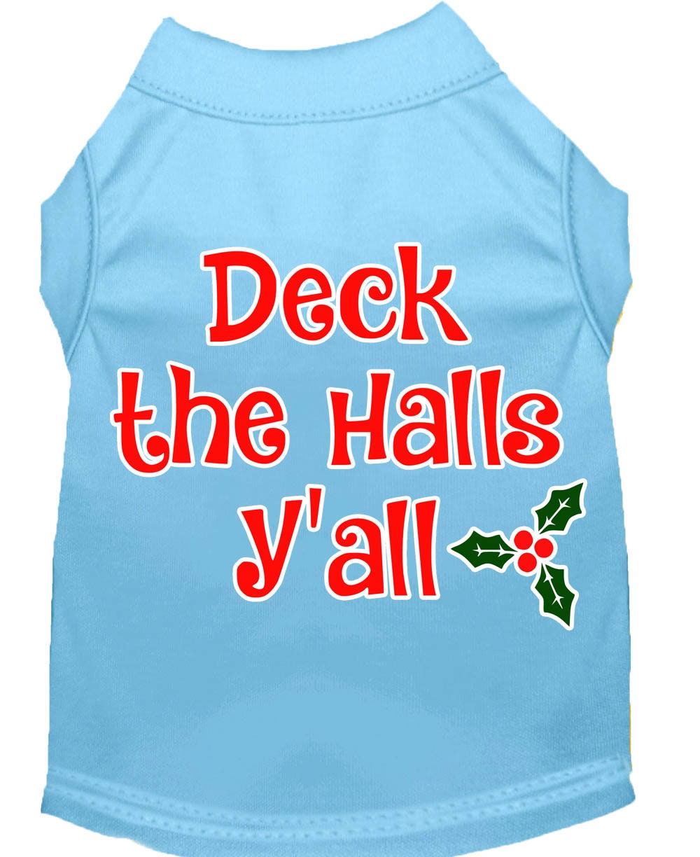 A festive Christmas shirt for dogs and cats, featuring the phrase 'Deck The Halls, Y'all', made from soft cotton-polyester blend.