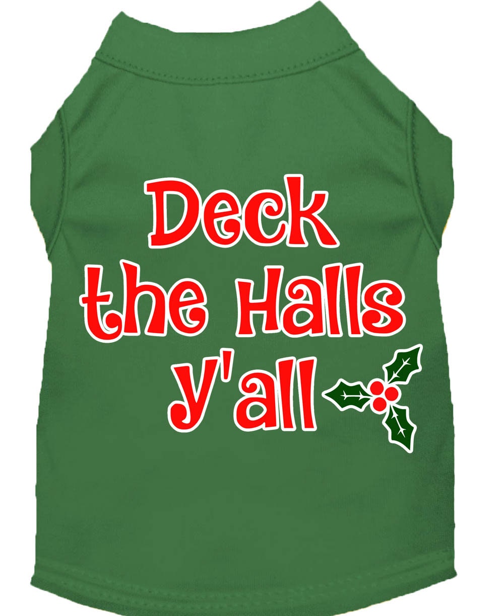 A festive Christmas shirt for dogs and cats, featuring the phrase 'Deck The Halls, Y'all', made from soft cotton-polyester blend.