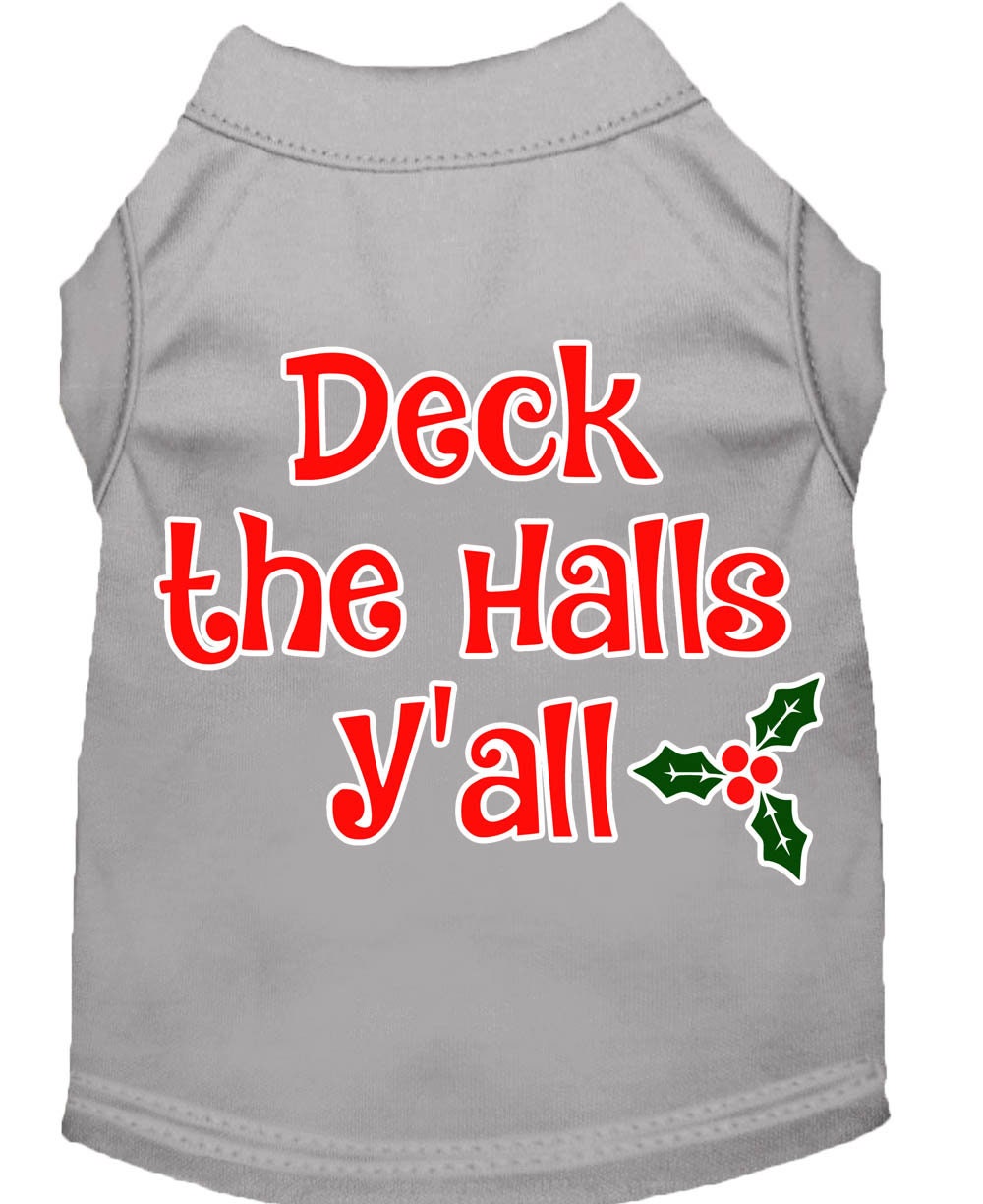 A festive Christmas shirt for dogs and cats, featuring the phrase 'Deck The Halls, Y'all', made from soft cotton-polyester blend.