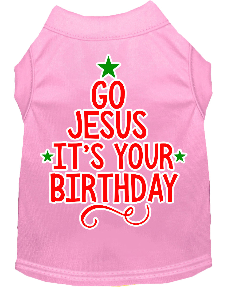 A soft and comfy Christmas pet shirt for dogs and cats, featuring the screen-printed message 'Go Jesus, It's Your Birthday' in festive colors.