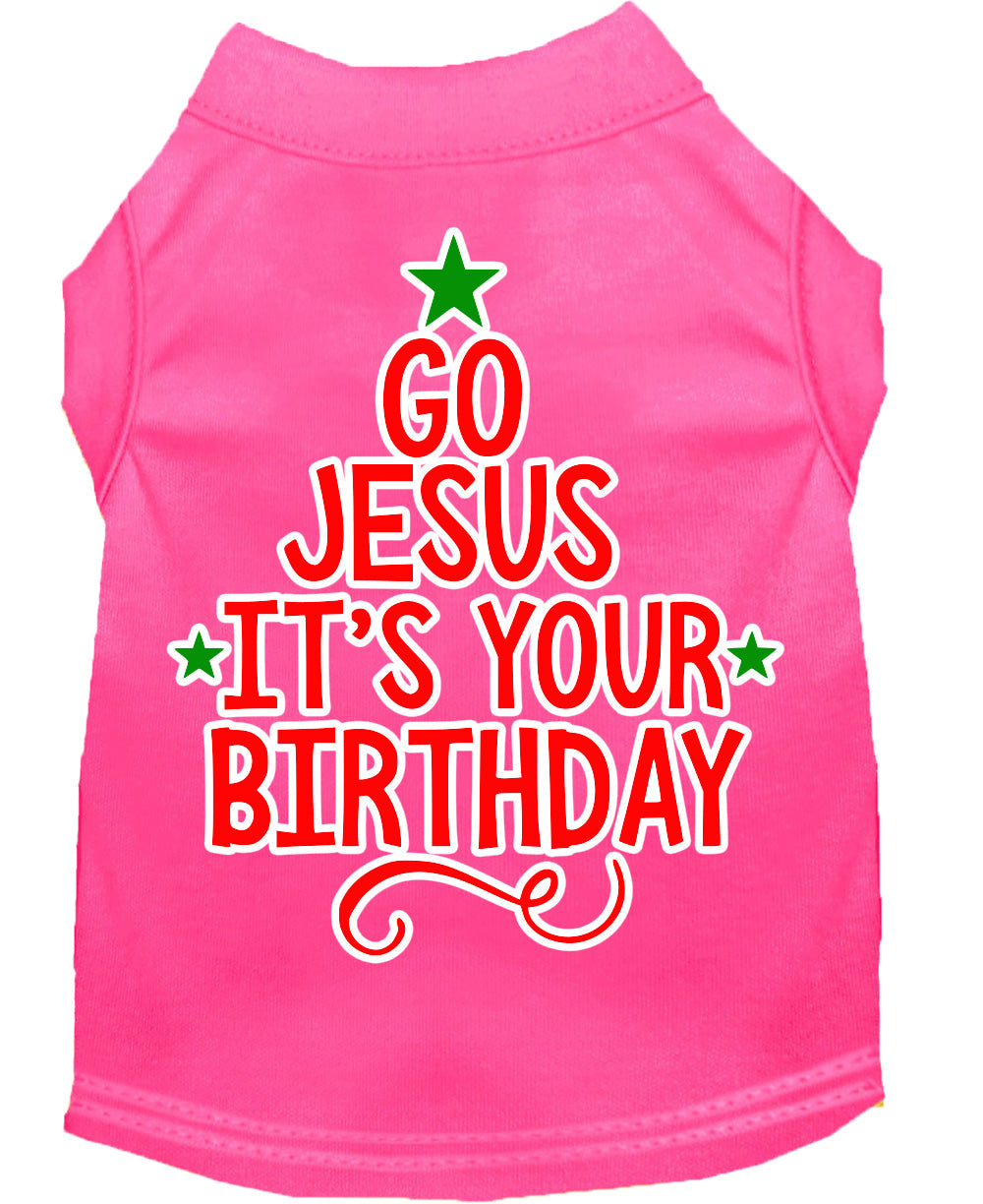 A soft and comfy Christmas pet shirt for dogs and cats, featuring the screen-printed message 'Go Jesus, It's Your Birthday' in festive colors.