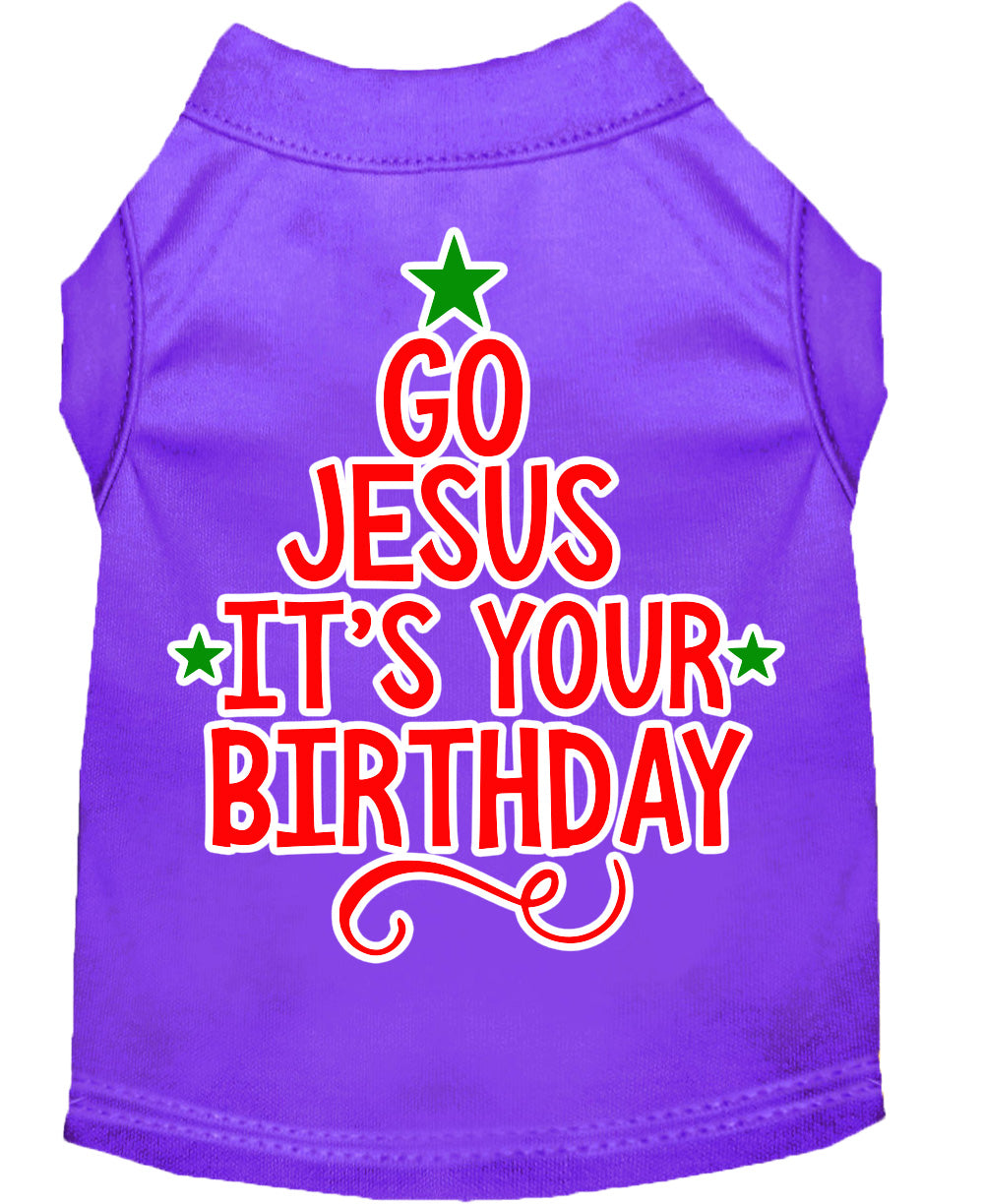 A soft and comfy Christmas pet shirt for dogs and cats, featuring the screen-printed message 'Go Jesus, It's Your Birthday' in festive colors.
