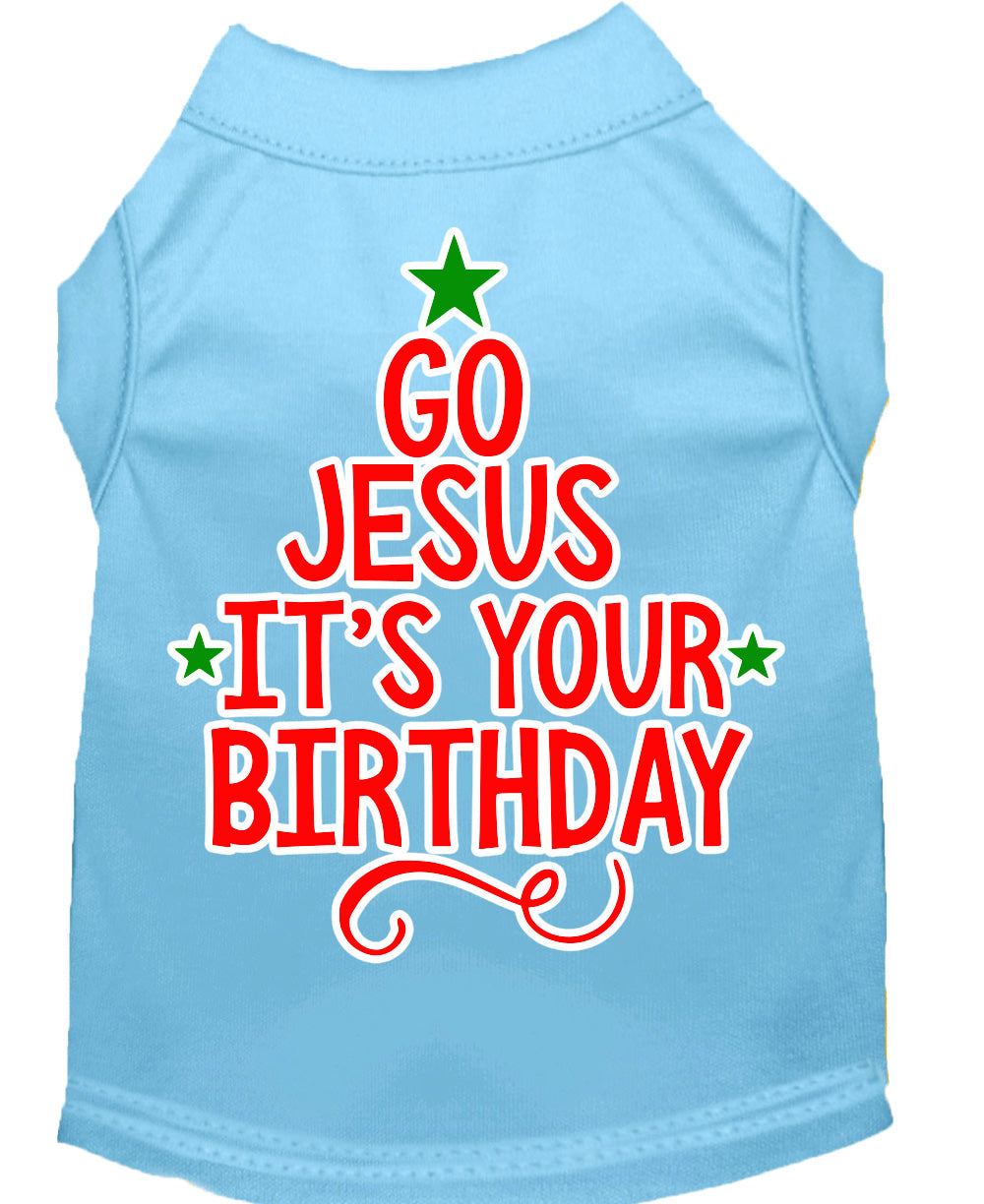 A soft and comfy Christmas pet shirt for dogs and cats, featuring the screen-printed message 'Go Jesus, It's Your Birthday' in festive colors.