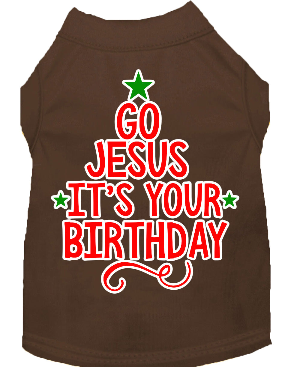 A soft and comfy Christmas pet shirt for dogs and cats, featuring the screen-printed message 'Go Jesus, It's Your Birthday' in festive colors.
