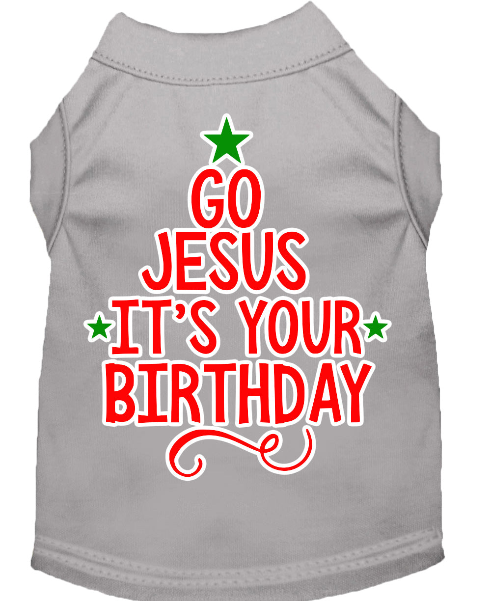 A soft and comfy Christmas pet shirt for dogs and cats, featuring the screen-printed message 'Go Jesus, It's Your Birthday' in festive colors.