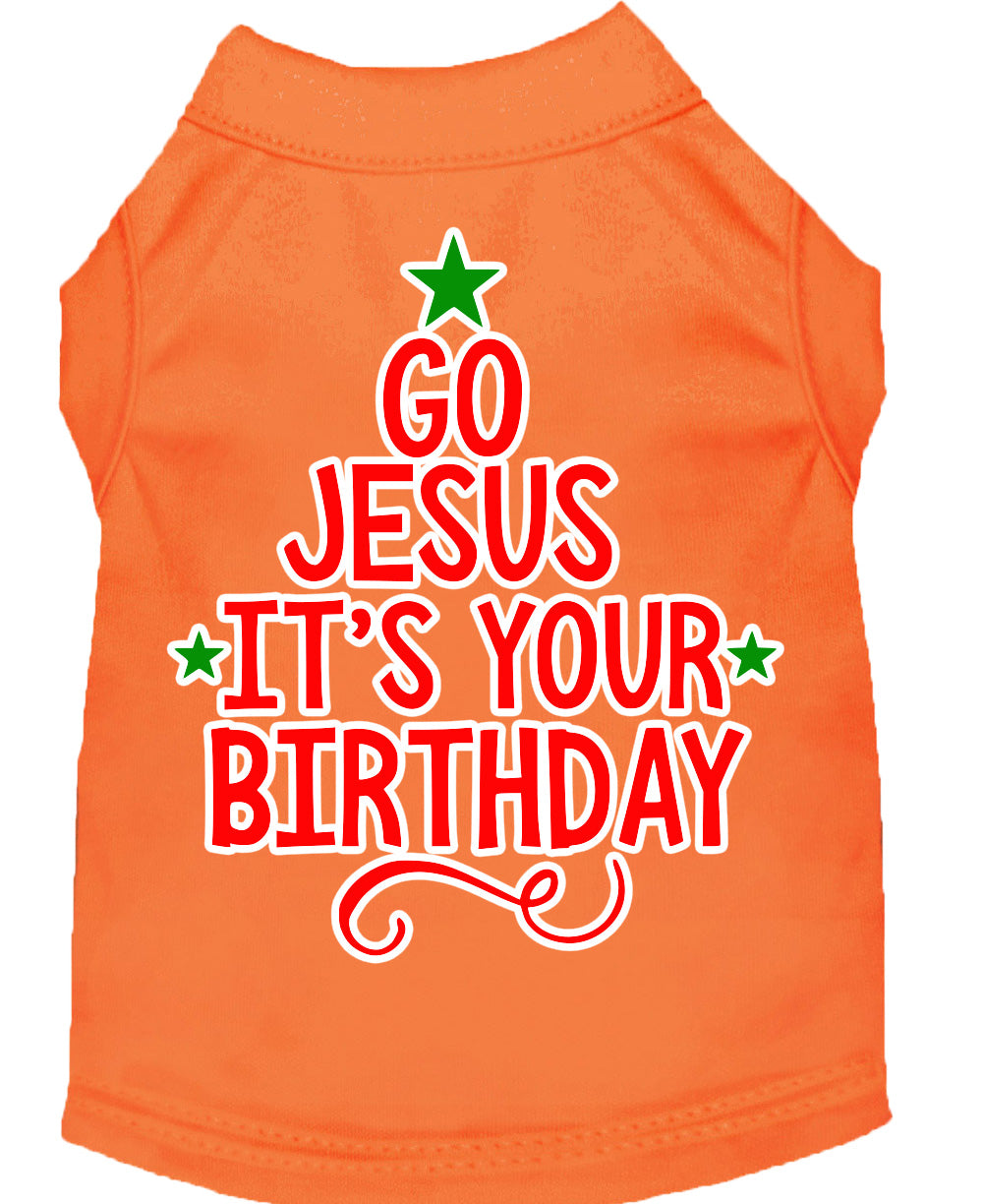 A soft and comfy Christmas pet shirt for dogs and cats, featuring the screen-printed message 'Go Jesus, It's Your Birthday' in festive colors.