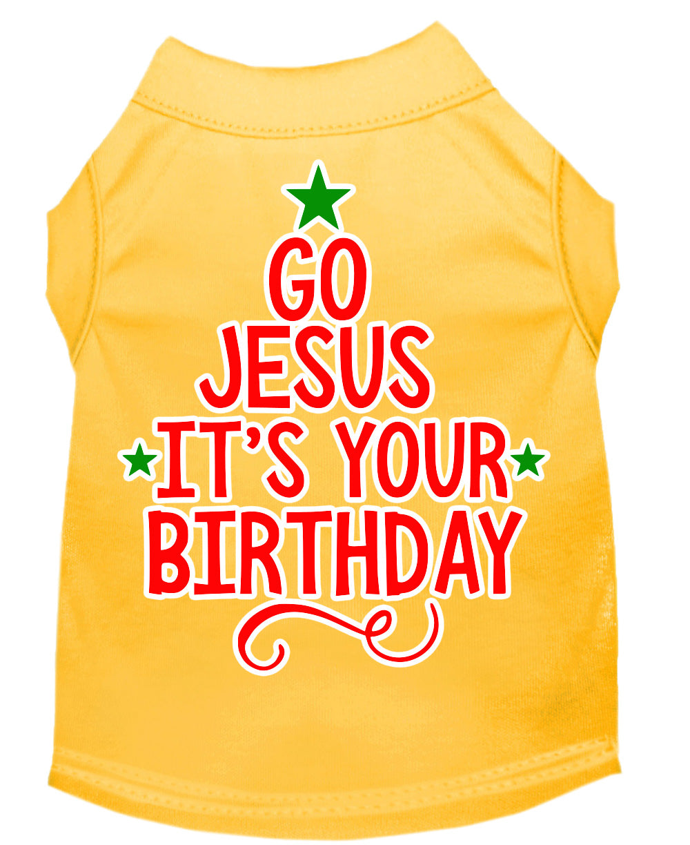 A soft and comfy Christmas pet shirt for dogs and cats, featuring the screen-printed message 'Go Jesus, It's Your Birthday' in festive colors.