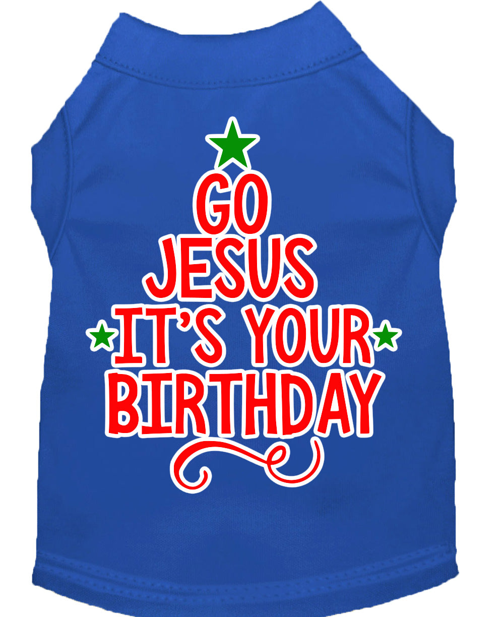 A soft and comfy Christmas pet shirt for dogs and cats, featuring the screen-printed message 'Go Jesus, It's Your Birthday' in festive colors.