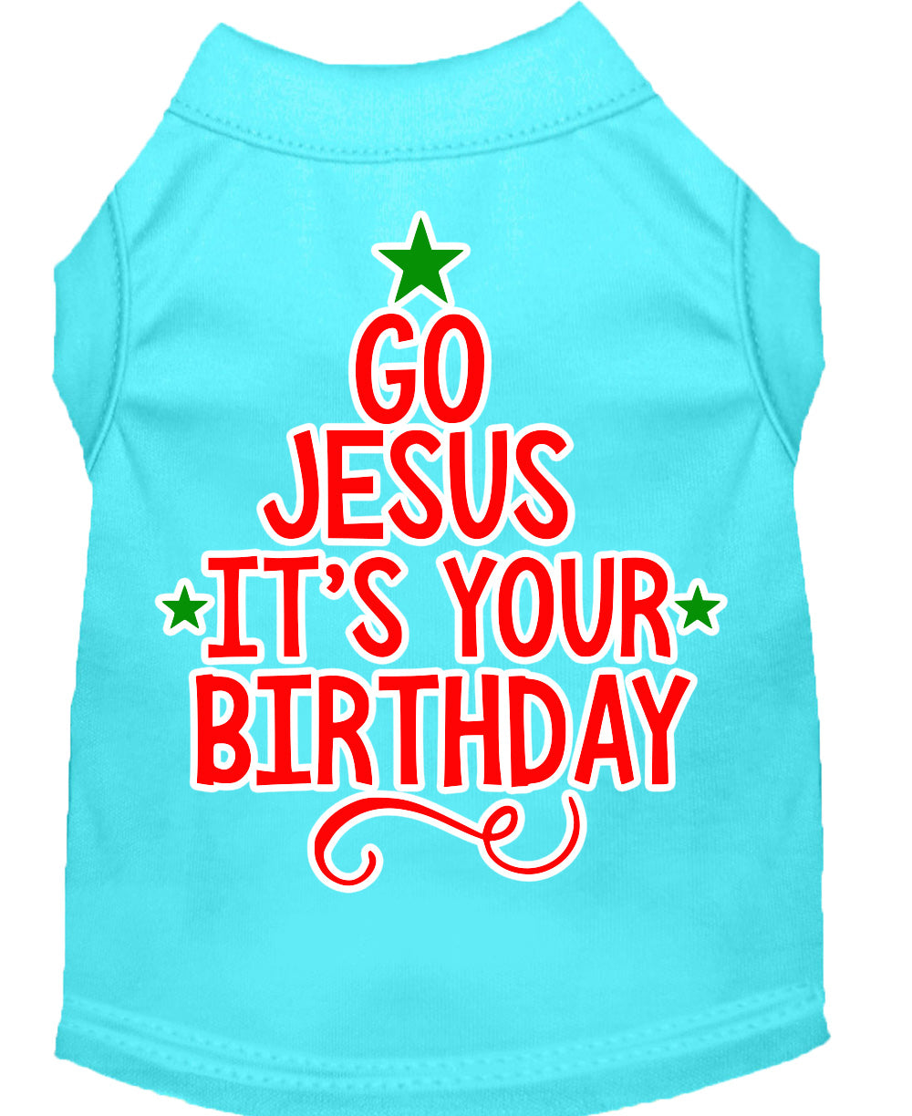 A soft and comfy Christmas pet shirt for dogs and cats, featuring the screen-printed message 'Go Jesus, It's Your Birthday' in festive colors.