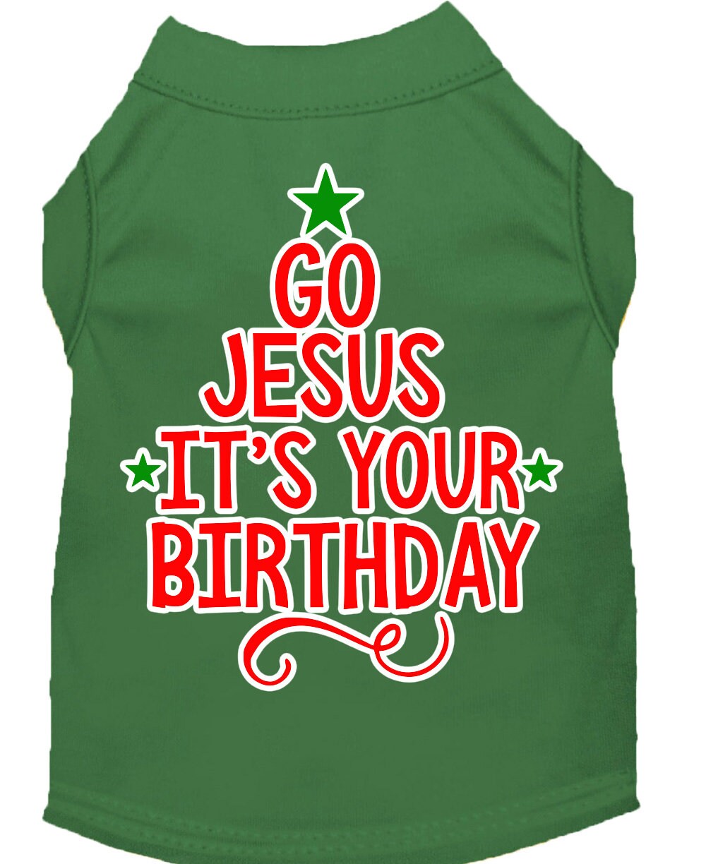 A soft and comfy Christmas pet shirt for dogs and cats, featuring the screen-printed message 'Go Jesus, It's Your Birthday' in festive colors.