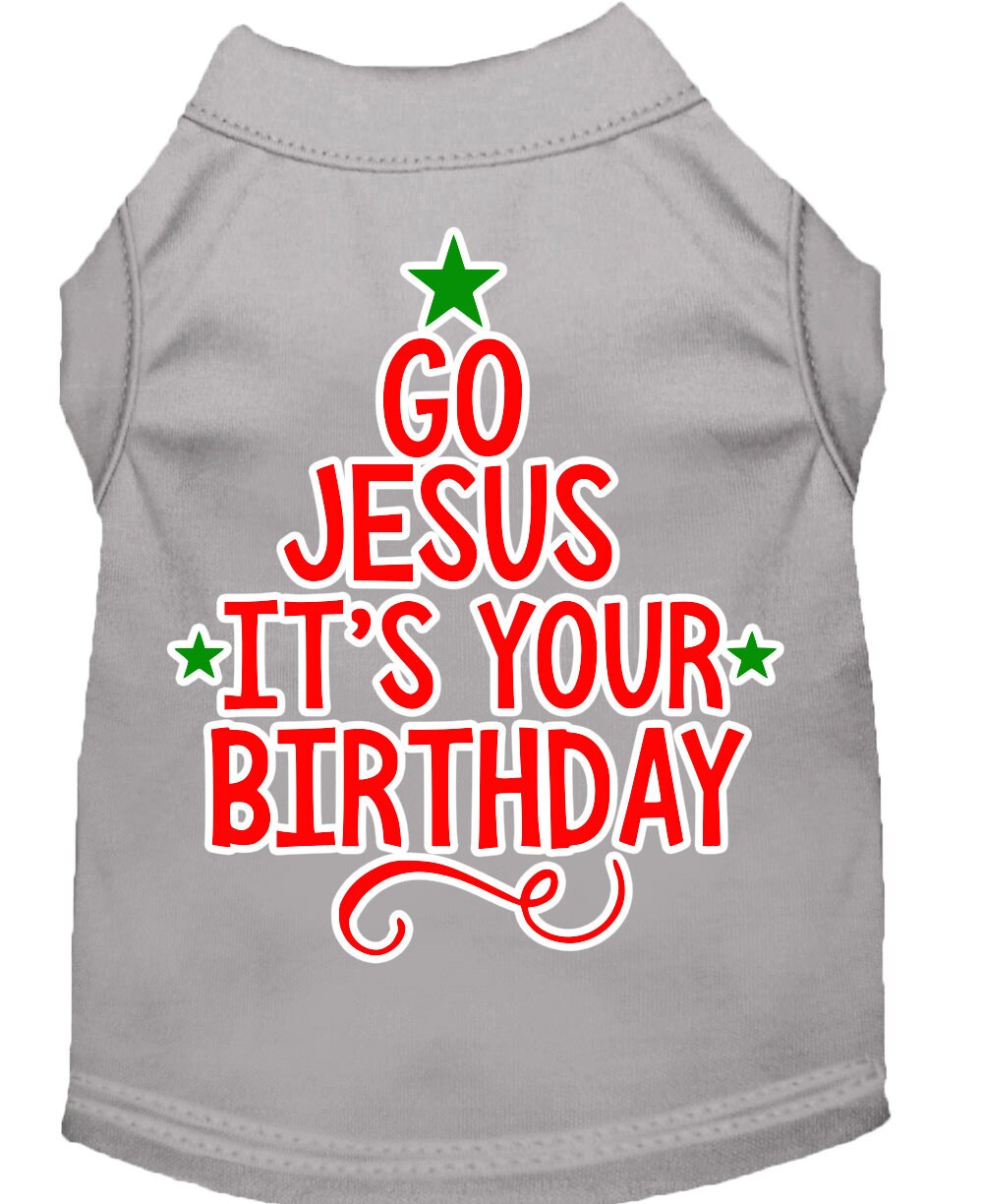 A soft and comfy Christmas pet shirt for dogs and cats, featuring the screen-printed message 'Go Jesus, It's Your Birthday' in festive colors.