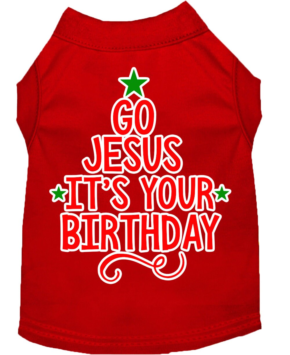 A soft and comfy Christmas pet shirt for dogs and cats, featuring the screen-printed message 'Go Jesus, It's Your Birthday' in festive colors.
