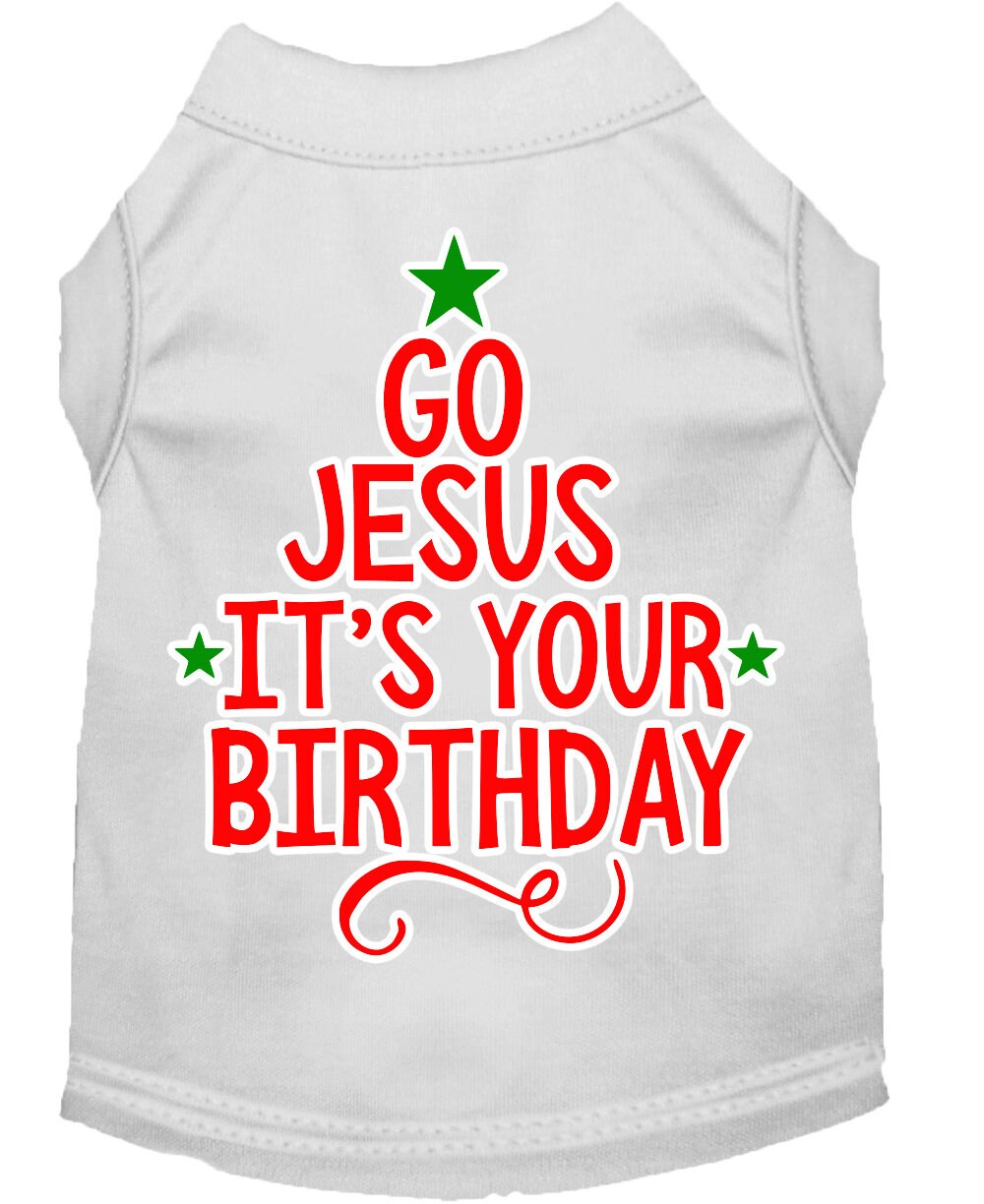 A soft and comfy Christmas pet shirt for dogs and cats, featuring the screen-printed message 'Go Jesus, It's Your Birthday' in festive colors.