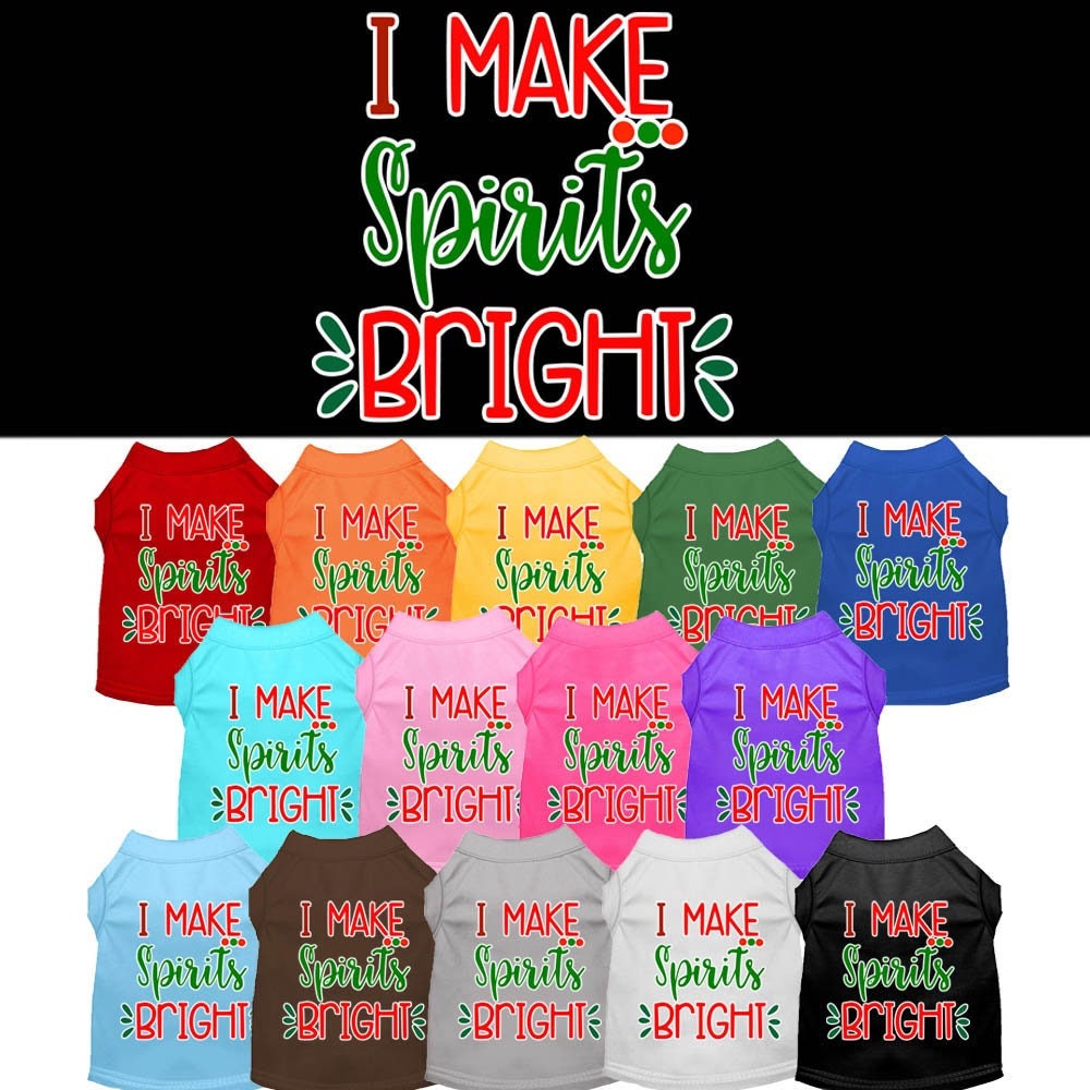 A festive Christmas shirt for dogs and cats, featuring the phrase 'I Make Spirits Bright', made from soft cotton and polyester blend.