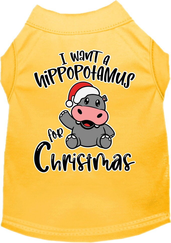 A festive Christmas shirt for dogs and cats featuring the phrase 'I Want A Hippopotamus For Christmas', made from soft cotton-polyester blend.