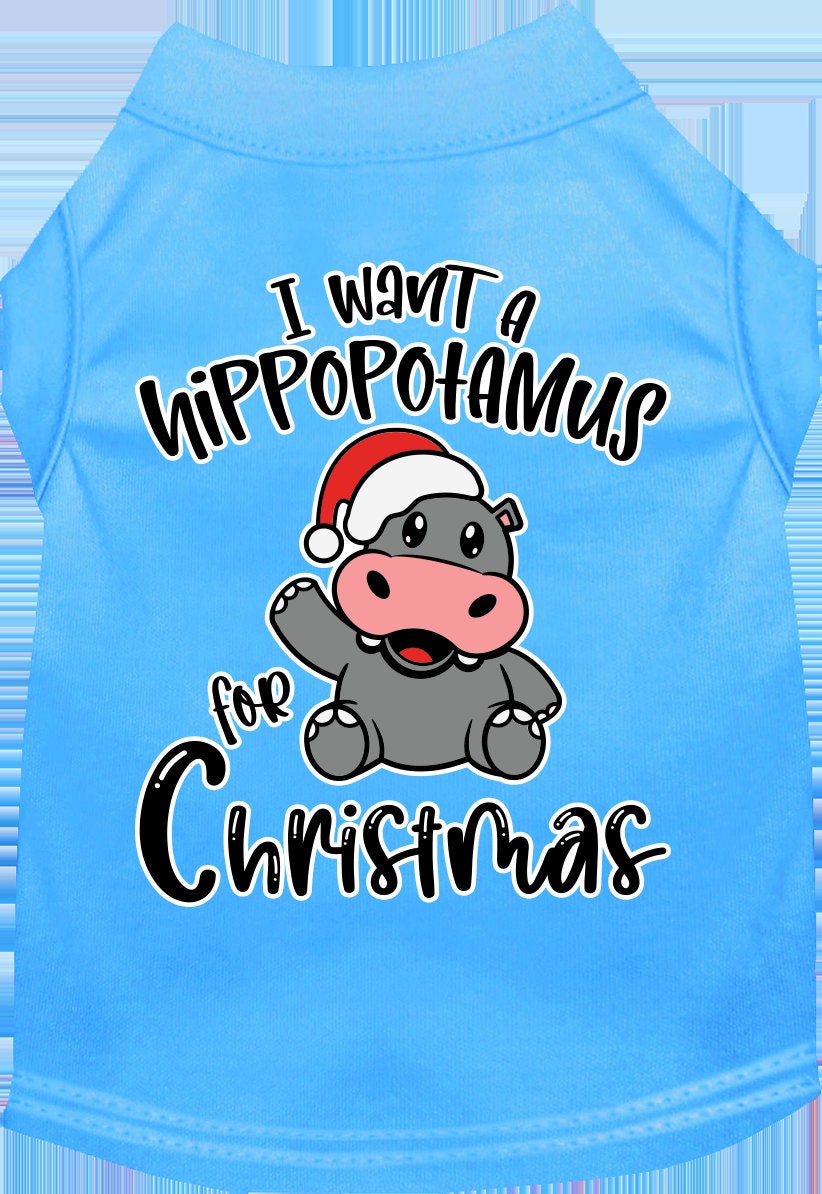 A festive Christmas shirt for dogs and cats featuring the phrase 'I Want A Hippopotamus For Christmas', made from soft cotton-polyester blend.