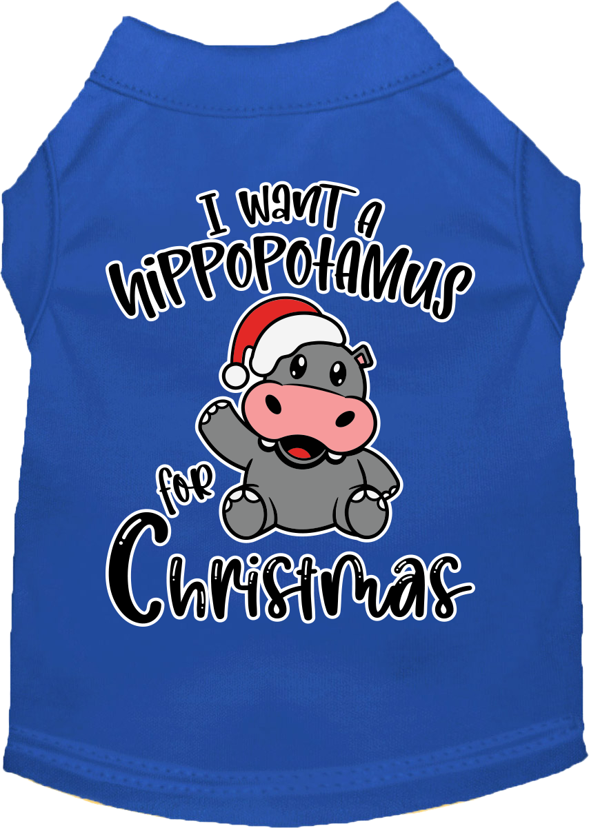 A festive Christmas shirt for dogs and cats featuring the phrase 'I Want A Hippopotamus For Christmas', made from soft cotton-polyester blend.
