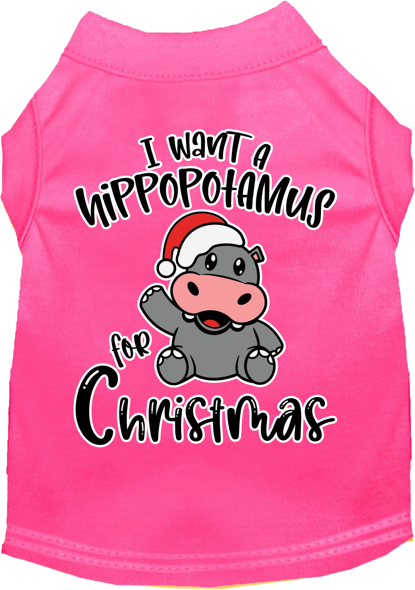 A festive Christmas shirt for dogs and cats featuring the phrase 'I Want A Hippopotamus For Christmas', made from soft cotton-polyester blend.
