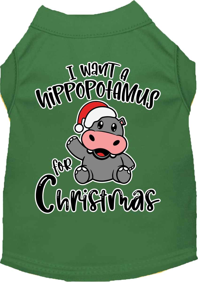A festive Christmas shirt for dogs and cats featuring the phrase 'I Want A Hippopotamus For Christmas', made from soft cotton-polyester blend.