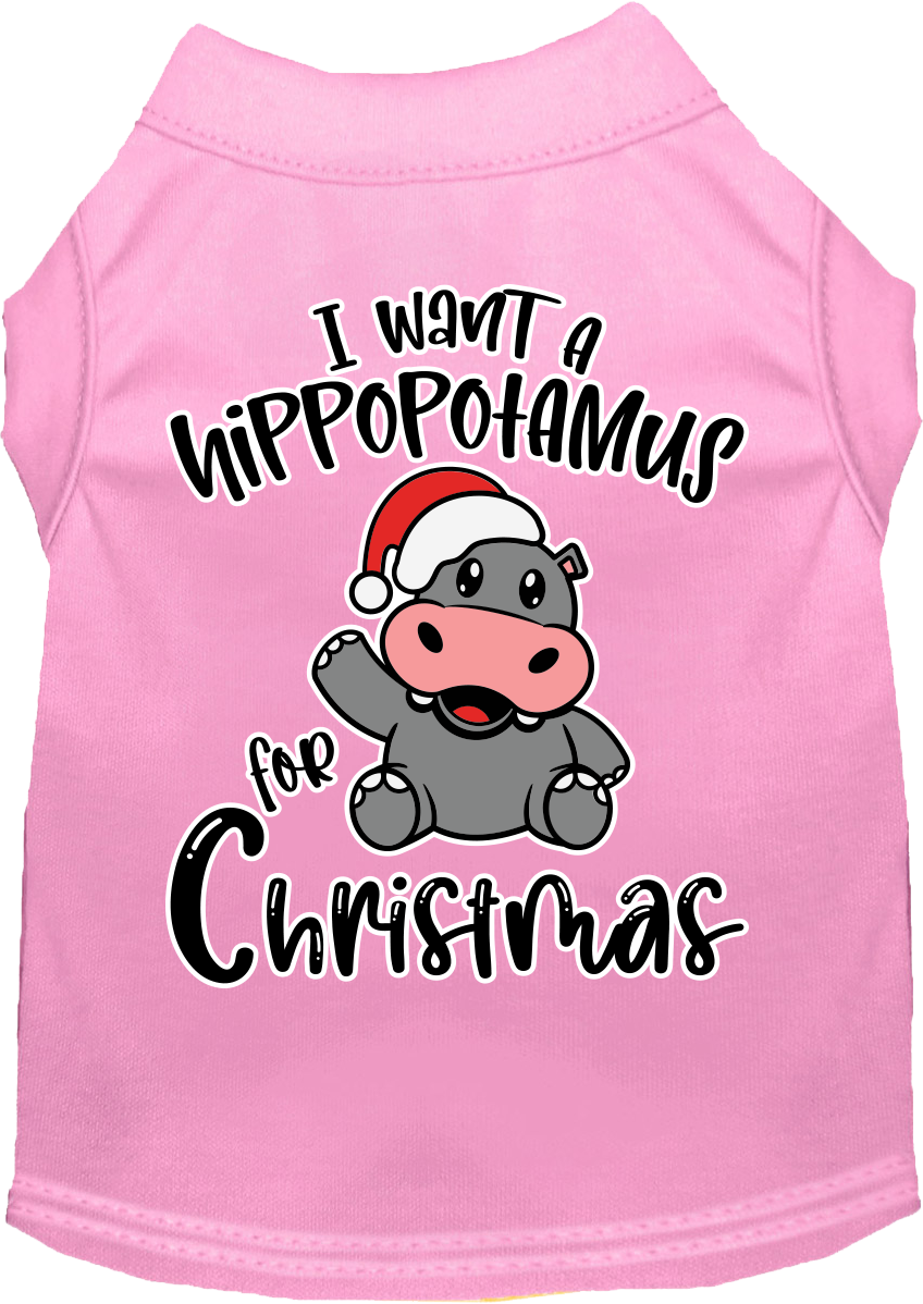A festive Christmas shirt for dogs and cats featuring the phrase 'I Want A Hippopotamus For Christmas', made from soft cotton-polyester blend.