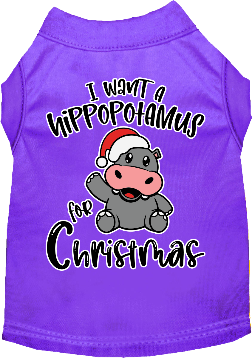 A festive Christmas shirt for dogs and cats featuring the phrase 'I Want A Hippopotamus For Christmas', made from soft cotton-polyester blend.