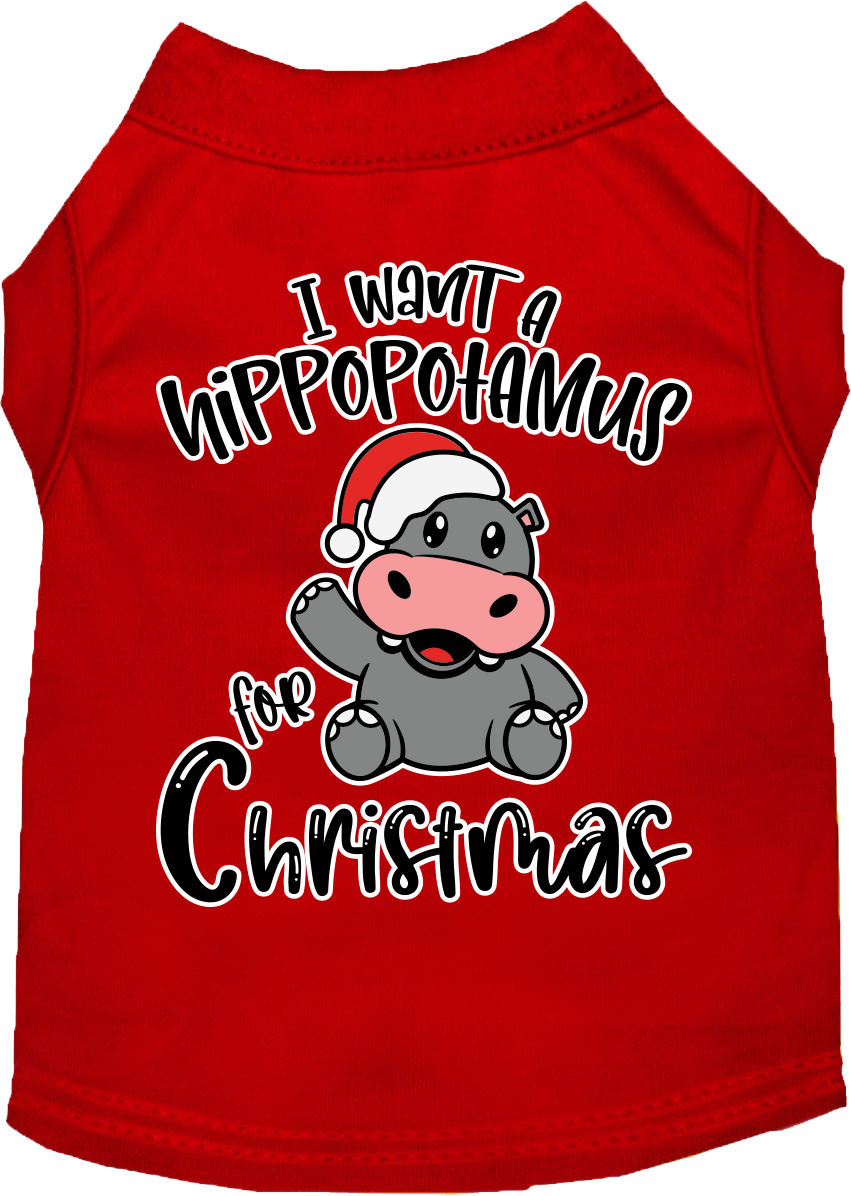 A festive Christmas shirt for dogs and cats featuring the phrase 'I Want A Hippopotamus For Christmas', made from soft cotton-polyester blend.