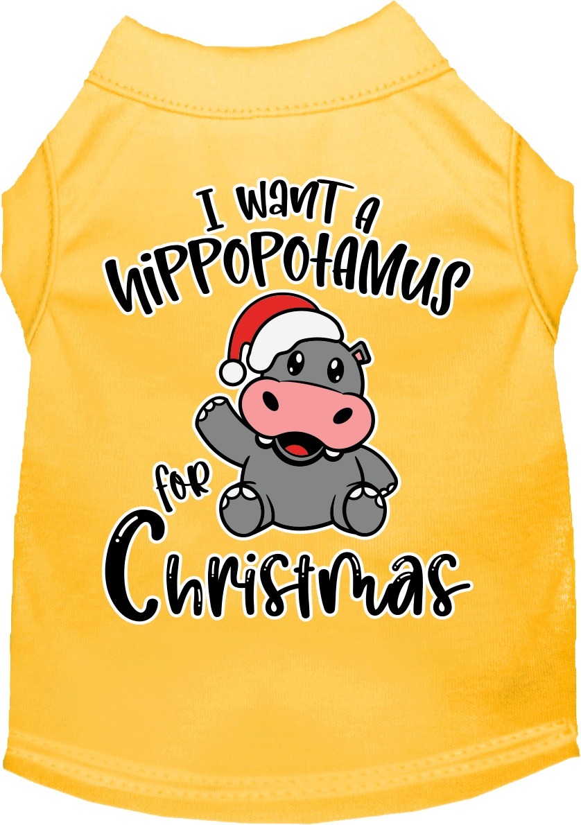 A festive Christmas shirt for dogs and cats featuring the phrase 'I Want A Hippopotamus For Christmas', made from soft cotton-polyester blend.