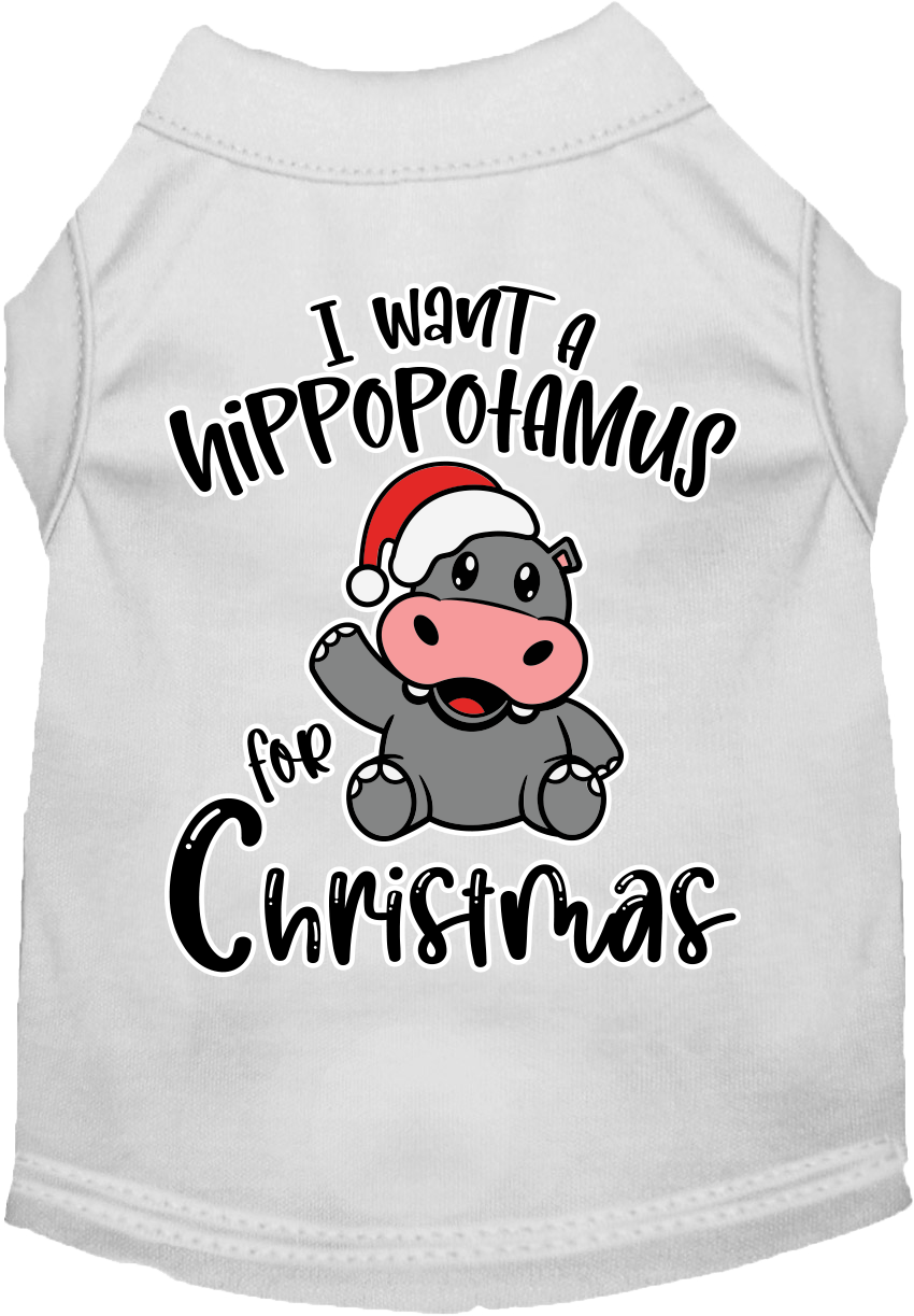 A festive Christmas shirt for dogs and cats featuring the phrase 'I Want A Hippopotamus For Christmas', made from soft cotton-polyester blend.