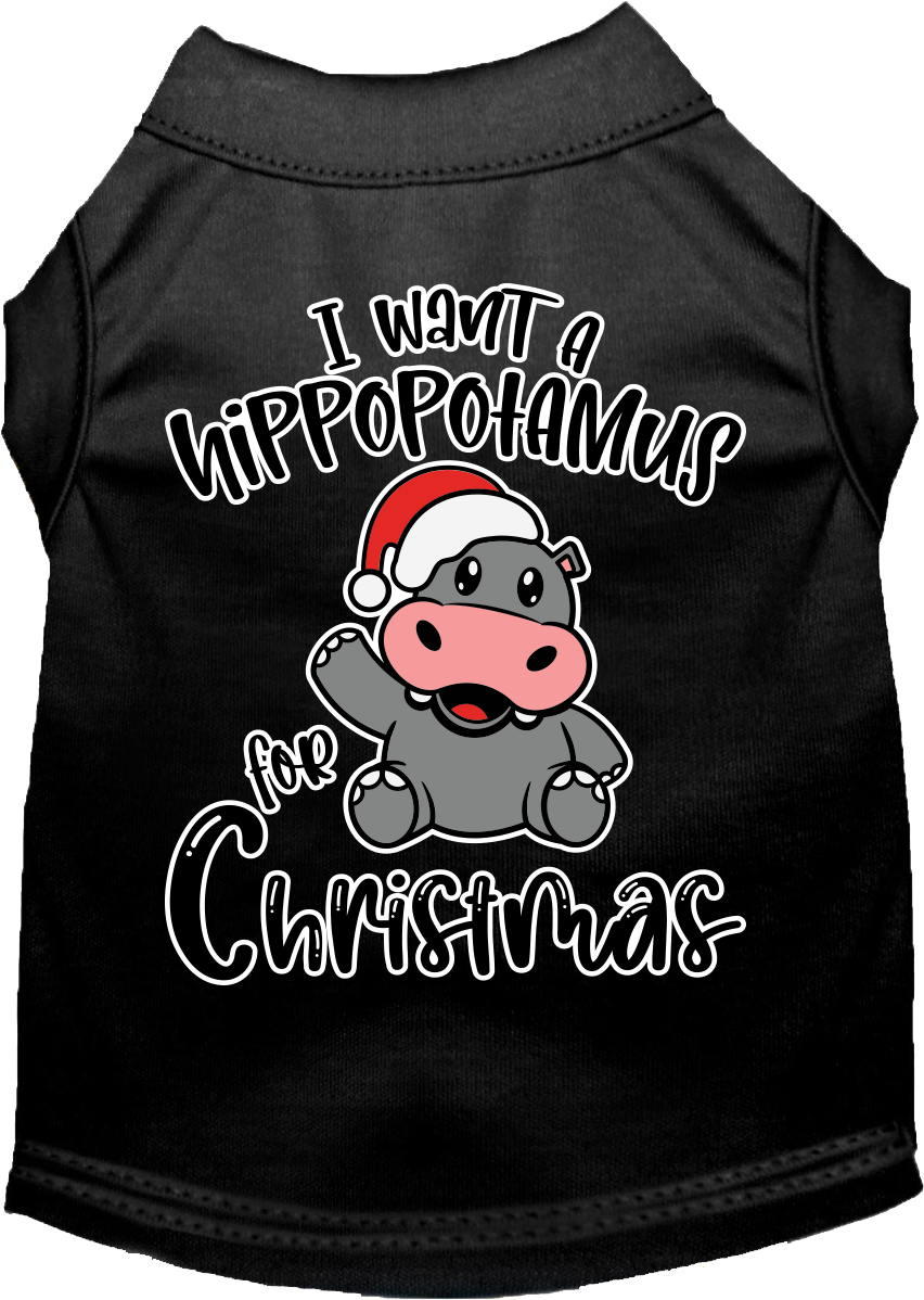 A festive Christmas shirt for dogs and cats featuring the phrase 'I Want A Hippopotamus For Christmas', made from soft cotton-polyester blend.