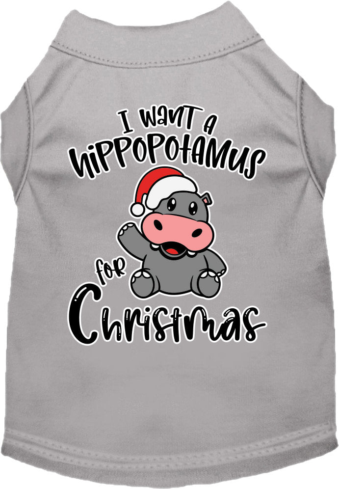 A festive Christmas shirt for dogs and cats featuring the phrase 'I Want A Hippopotamus For Christmas', made from soft cotton-polyester blend.