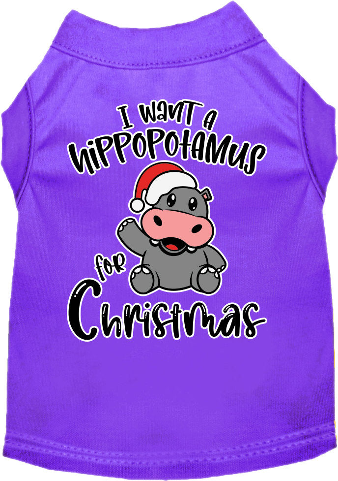 A festive Christmas shirt for dogs and cats featuring the phrase 'I Want A Hippopotamus For Christmas', made from soft cotton-polyester blend.