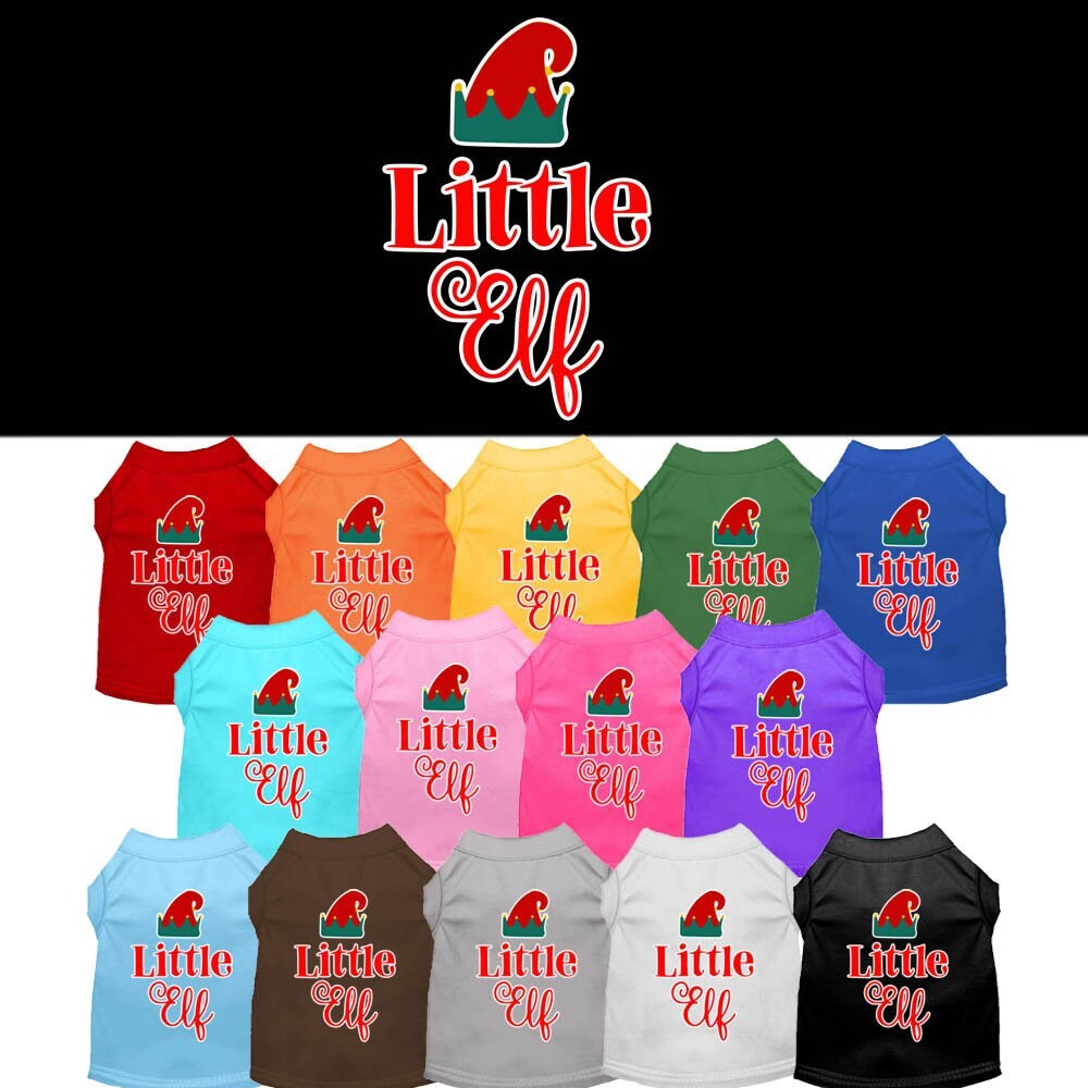 A festive Christmas shirt for pets featuring a 'Little Elf' design, suitable for both dogs and cats, made from soft and durable fabric.