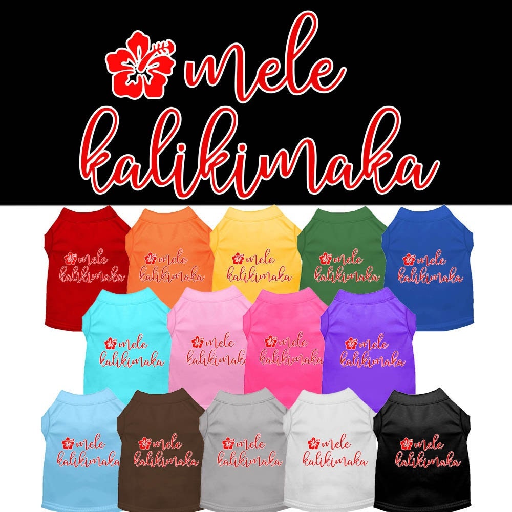 A festive Christmas shirt for dogs and cats featuring the phrase 'Mele Kalikimaka', made from soft cotton and polyester blend.