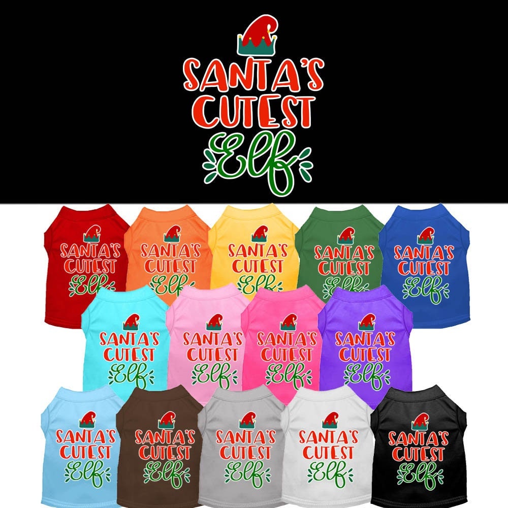 A festive Christmas shirt for pets featuring 'Santa's Cutest Elf' design, made from soft cotton-polyester blend, perfect for dogs and cats.