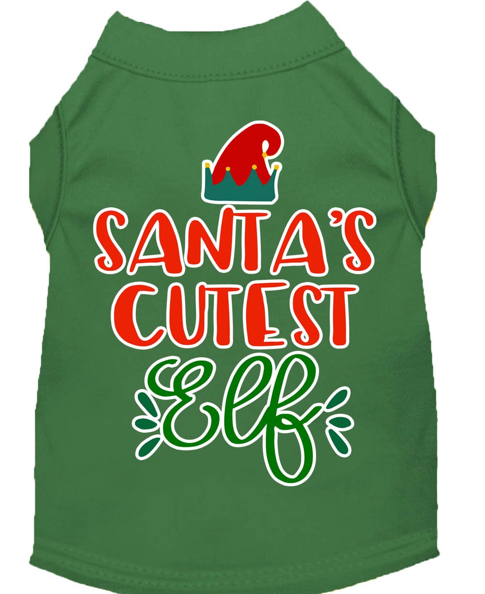 A festive Christmas shirt for pets featuring 'Santa's Cutest Elf' design, made from soft cotton-polyester blend, perfect for dogs and cats.