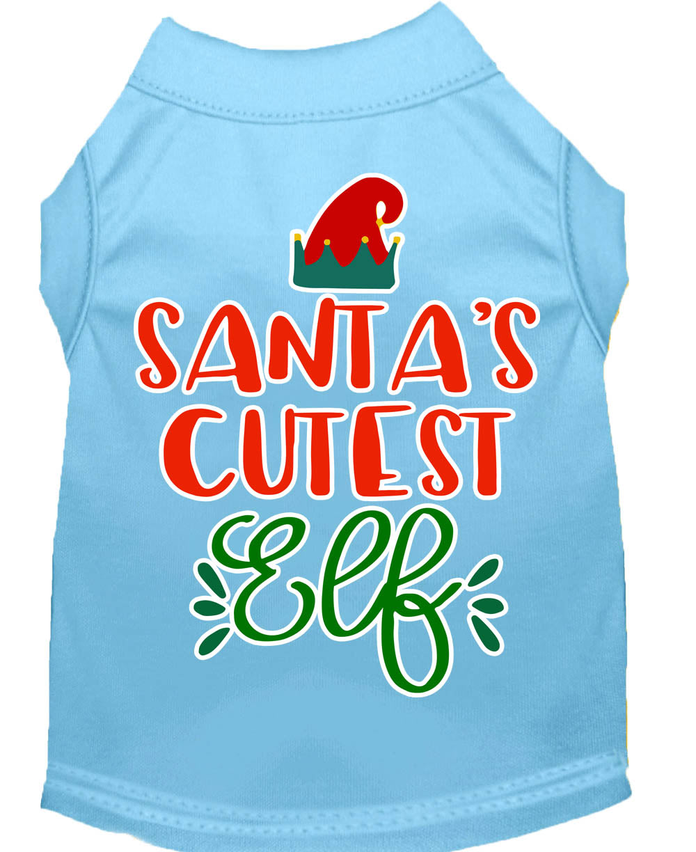 A festive Christmas shirt for pets featuring 'Santa's Cutest Elf' design, made from soft cotton-polyester blend, perfect for dogs and cats.