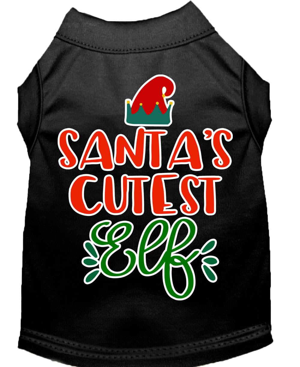 A festive Christmas shirt for pets featuring 'Santa's Cutest Elf' design, made from soft cotton-polyester blend, perfect for dogs and cats.