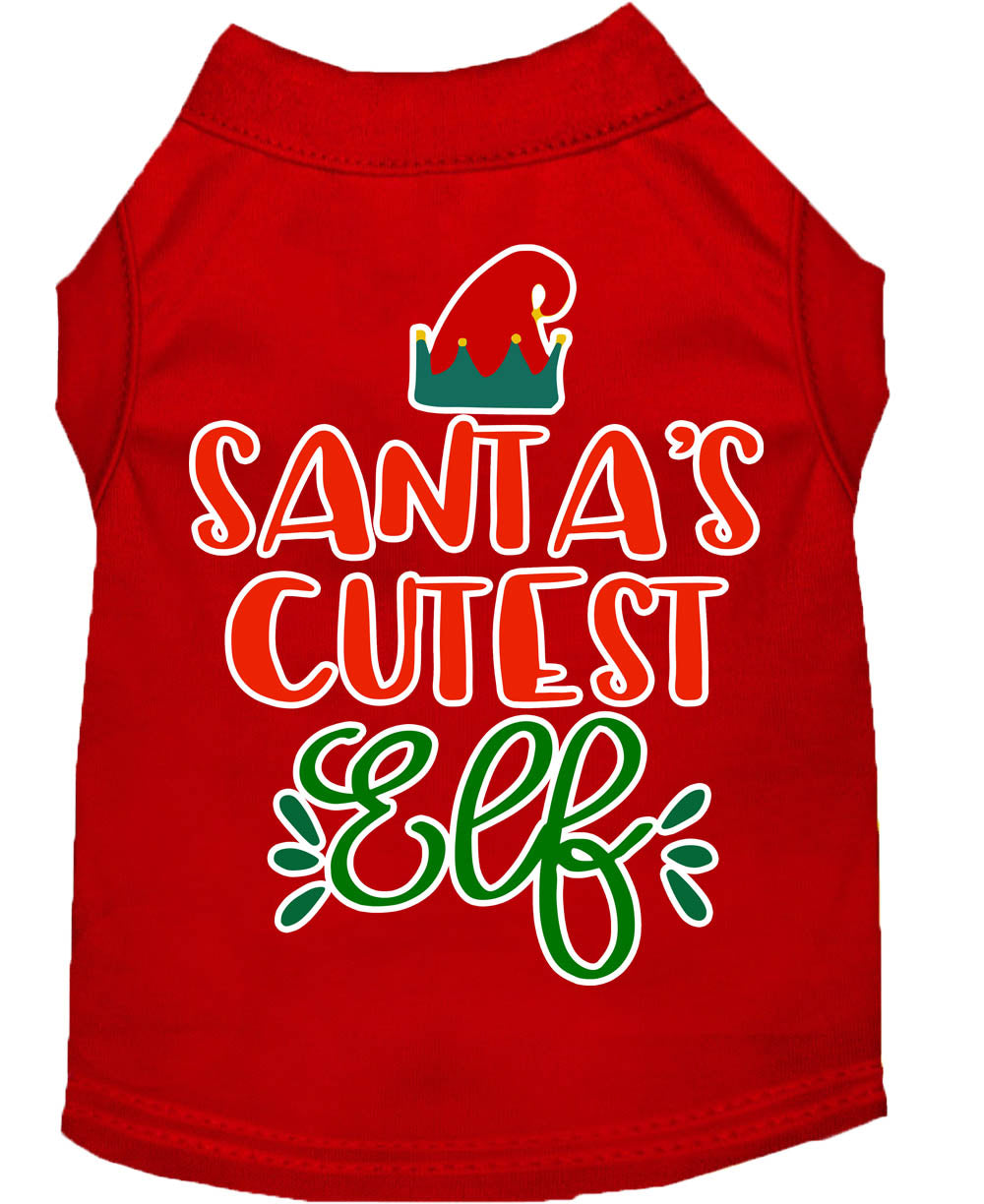 A festive Christmas shirt for pets featuring 'Santa's Cutest Elf' design, made from soft cotton-polyester blend, perfect for dogs and cats.