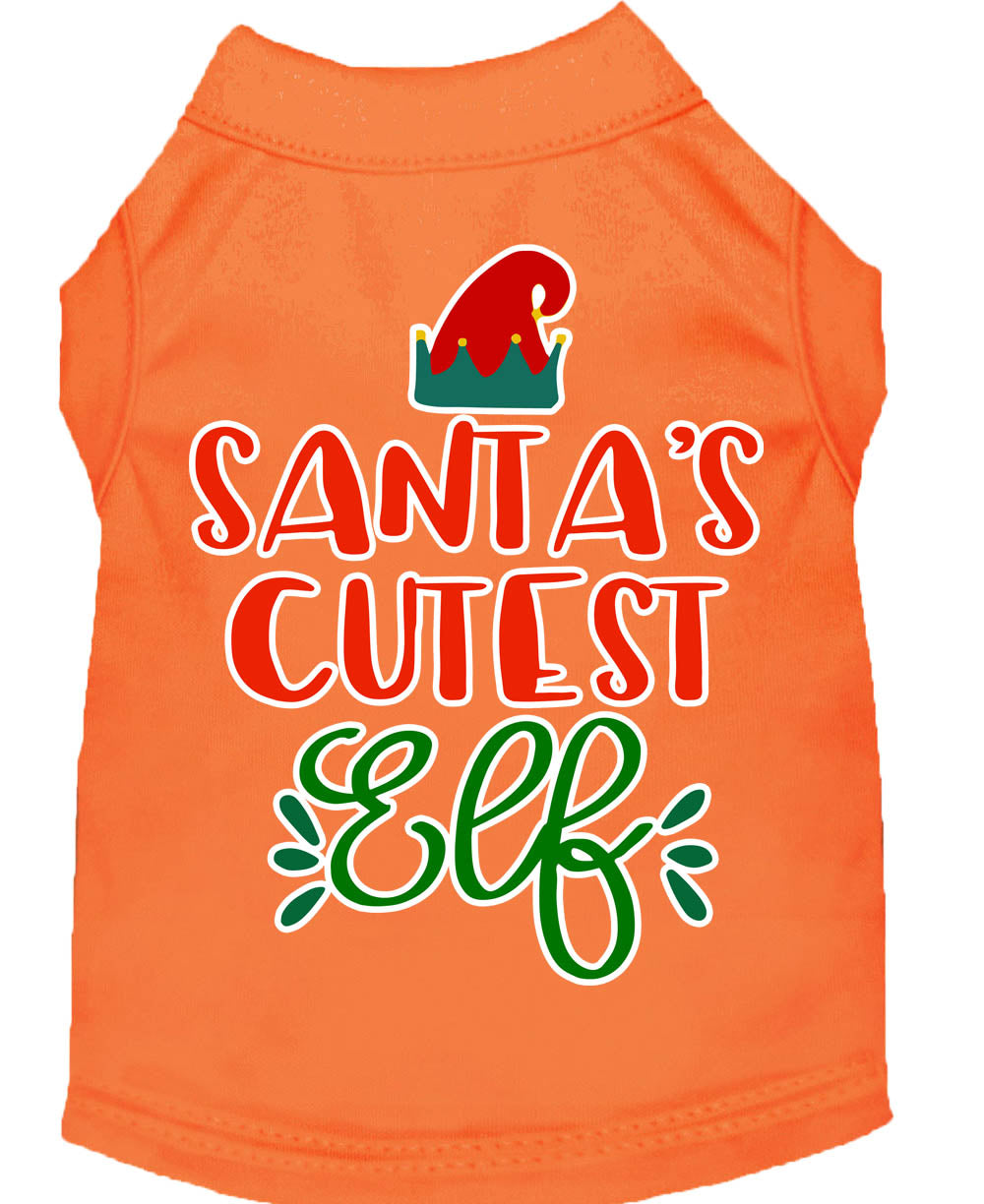 A festive Christmas shirt for pets featuring 'Santa's Cutest Elf' design, made from soft cotton-polyester blend, perfect for dogs and cats.