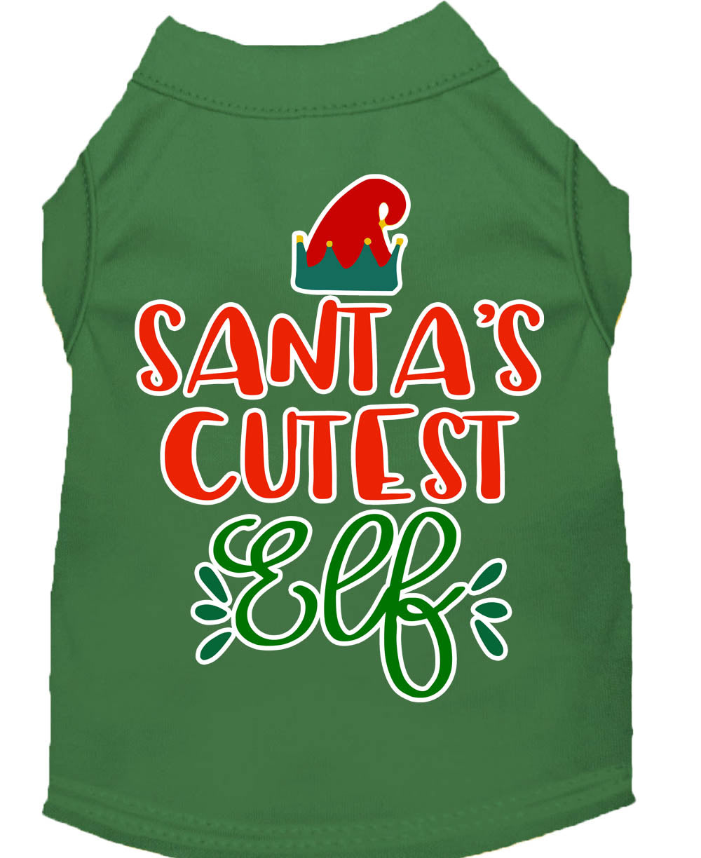 A festive Christmas shirt for pets featuring 'Santa's Cutest Elf' design, made from soft cotton-polyester blend, perfect for dogs and cats.