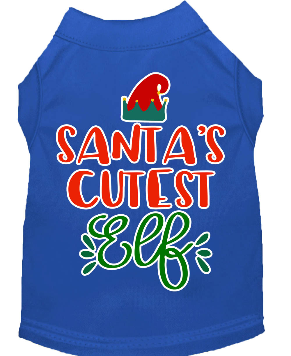 A festive Christmas shirt for pets featuring 'Santa's Cutest Elf' design, made from soft cotton-polyester blend, perfect for dogs and cats.