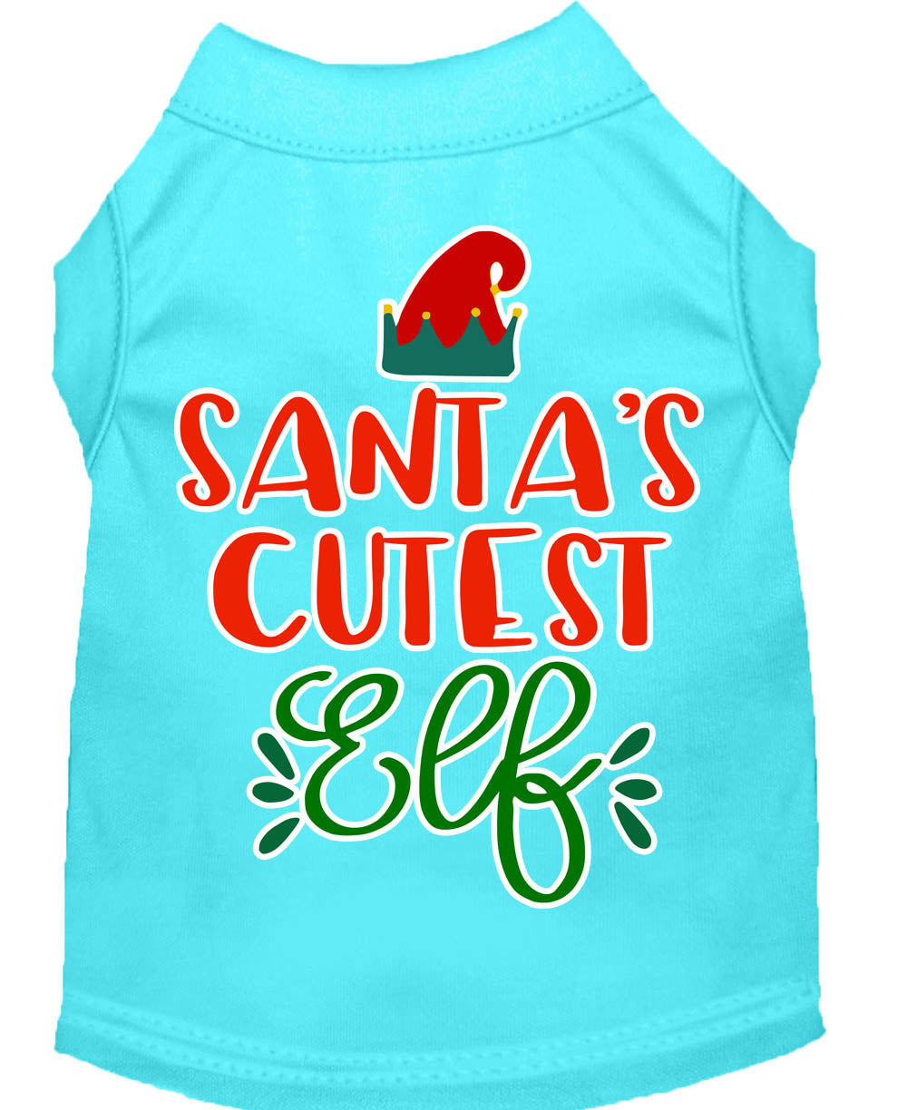 A festive Christmas shirt for pets featuring 'Santa's Cutest Elf' design, made from soft cotton-polyester blend, perfect for dogs and cats.