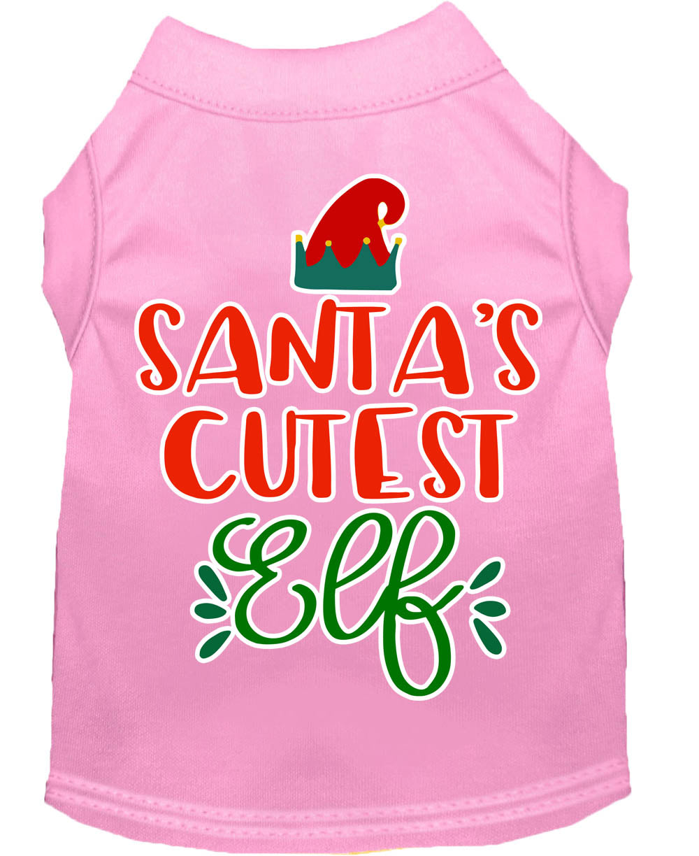 A festive Christmas shirt for pets featuring 'Santa's Cutest Elf' design, made from soft cotton-polyester blend, perfect for dogs and cats.