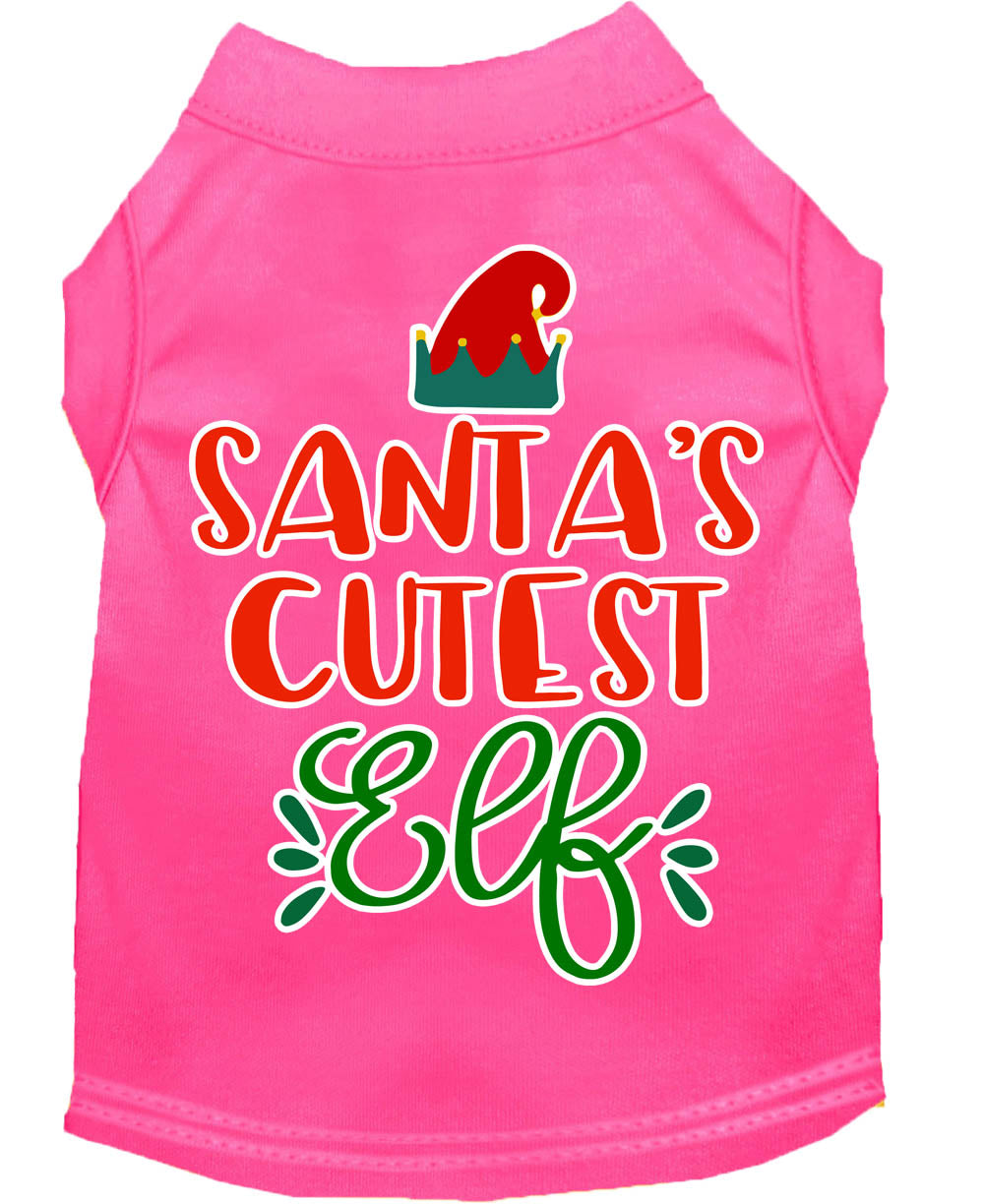 A festive Christmas shirt for pets featuring 'Santa's Cutest Elf' design, made from soft cotton-polyester blend, perfect for dogs and cats.