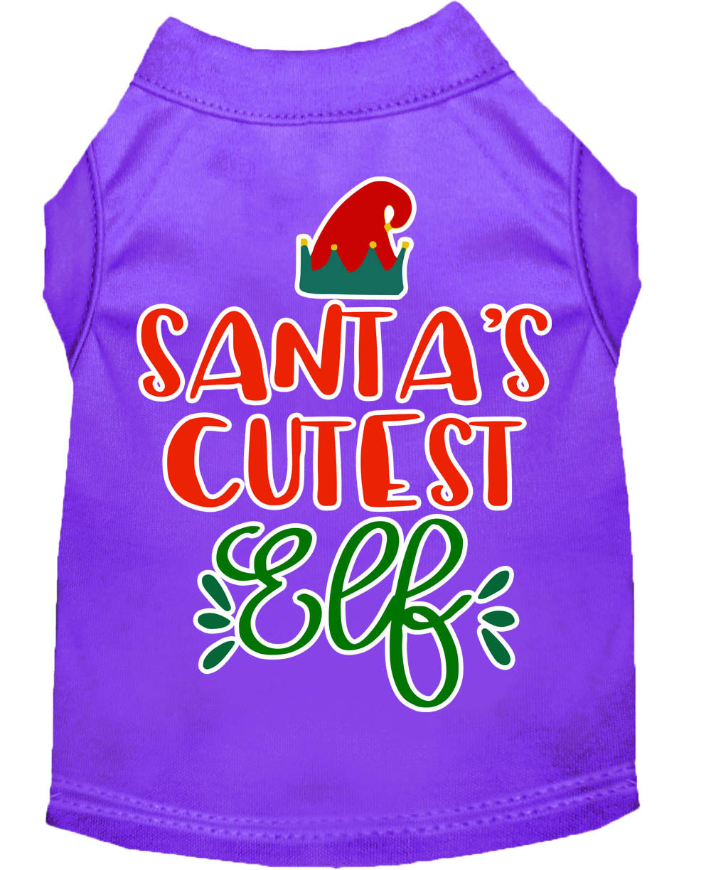 A festive Christmas shirt for pets featuring 'Santa's Cutest Elf' design, made from soft cotton-polyester blend, perfect for dogs and cats.