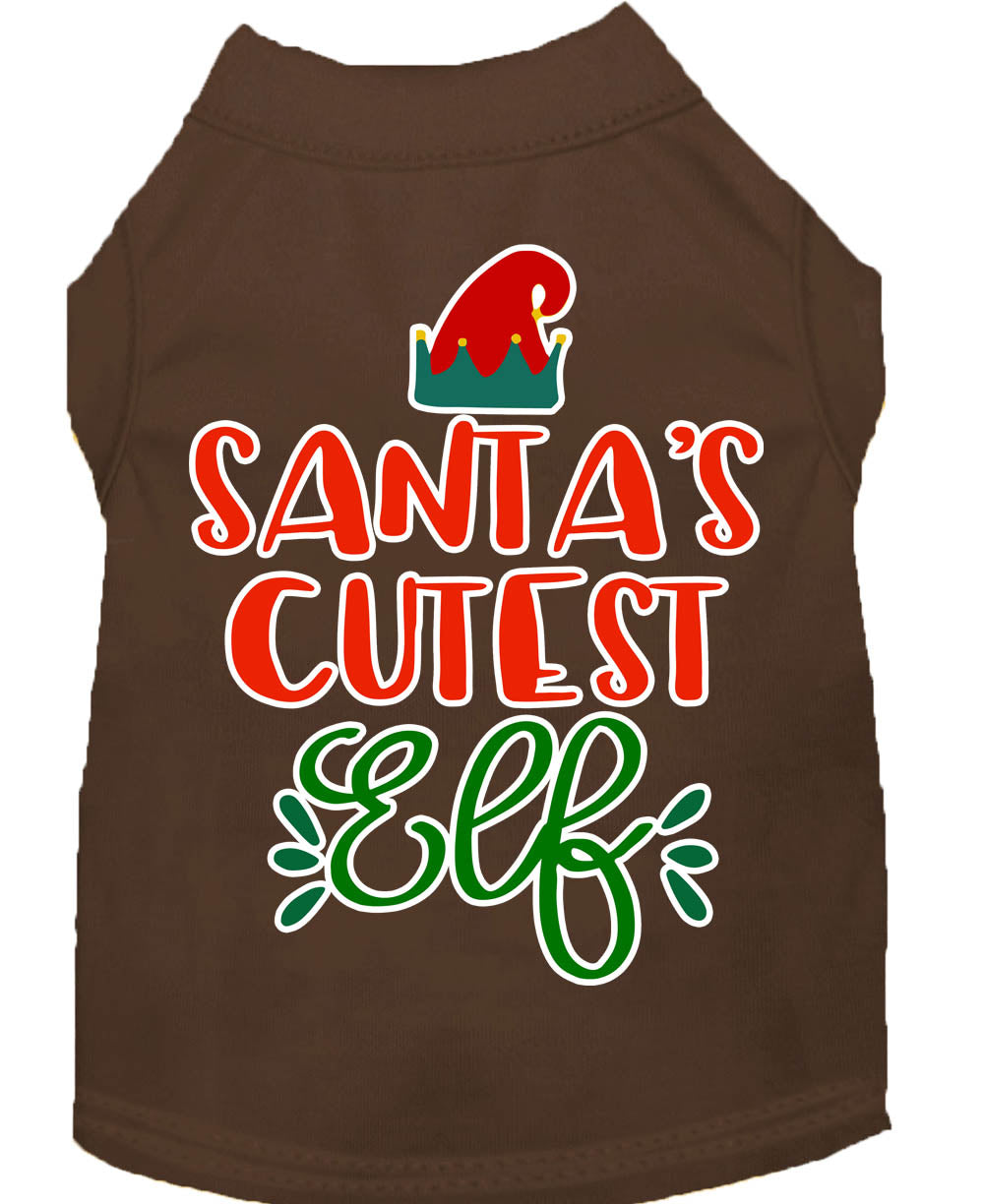 A festive Christmas shirt for pets featuring 'Santa's Cutest Elf' design, made from soft cotton-polyester blend, perfect for dogs and cats.