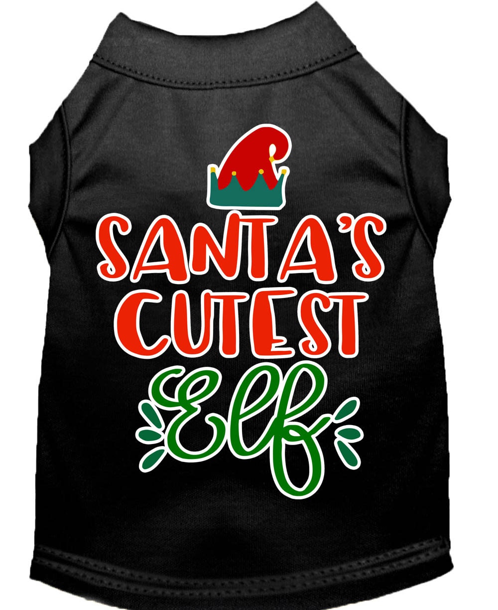 A festive Christmas shirt for pets featuring 'Santa's Cutest Elf' design, made from soft cotton-polyester blend, perfect for dogs and cats.