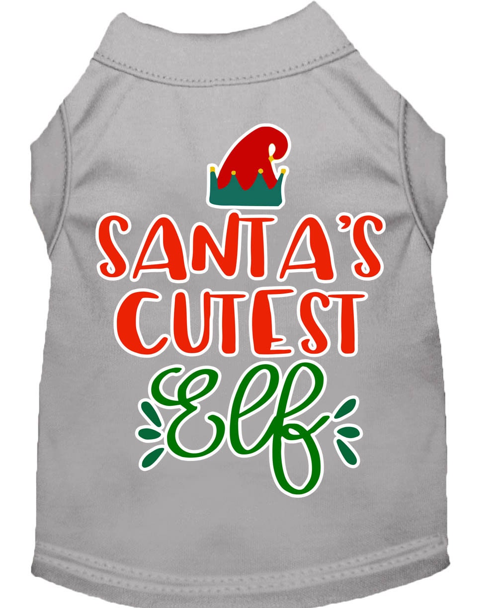 A festive Christmas shirt for pets featuring 'Santa's Cutest Elf' design, made from soft cotton-polyester blend, perfect for dogs and cats.
